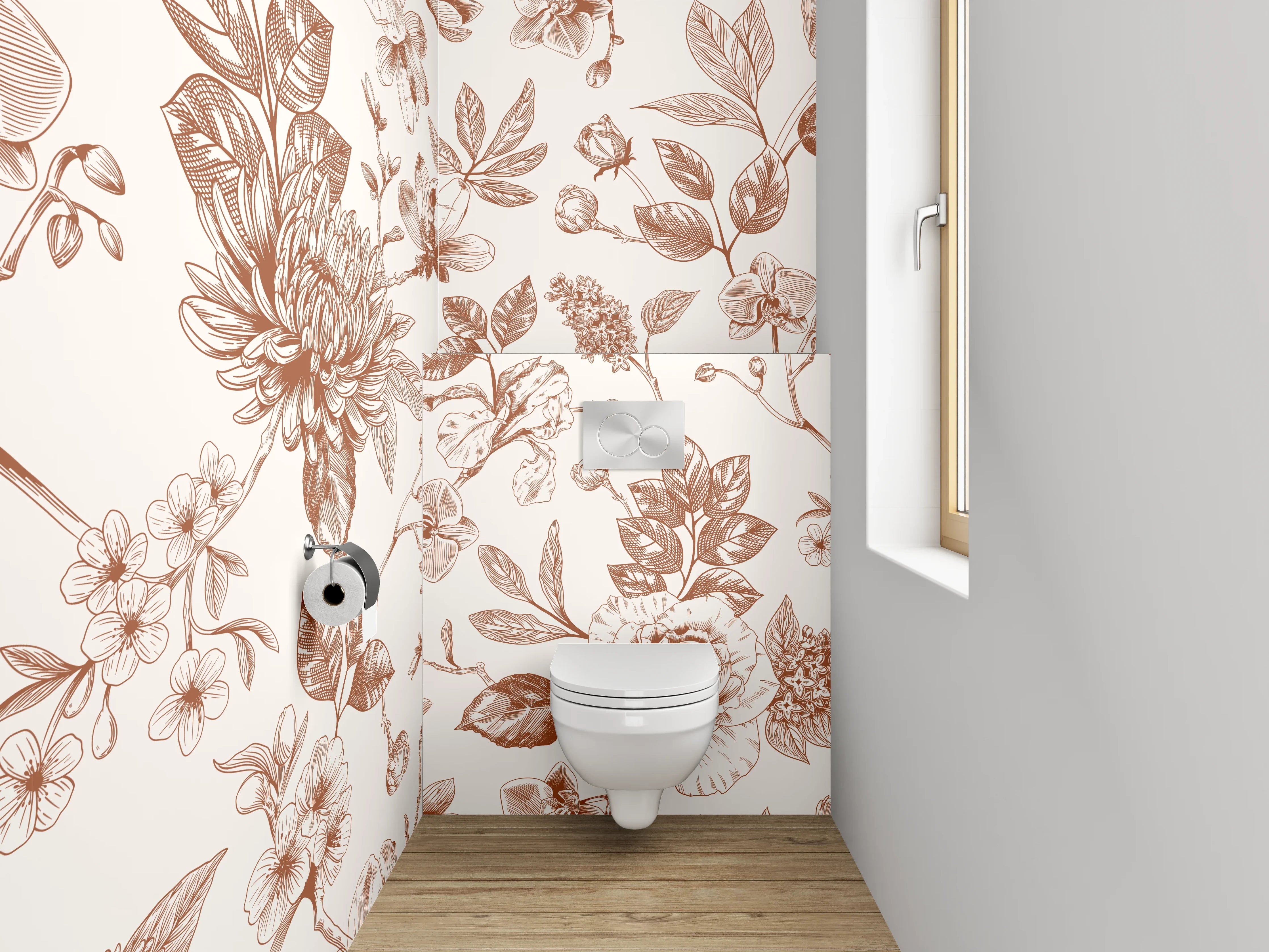 WC-Rückwand - Florales Vintage Blumenmuster in Beige-Braun
