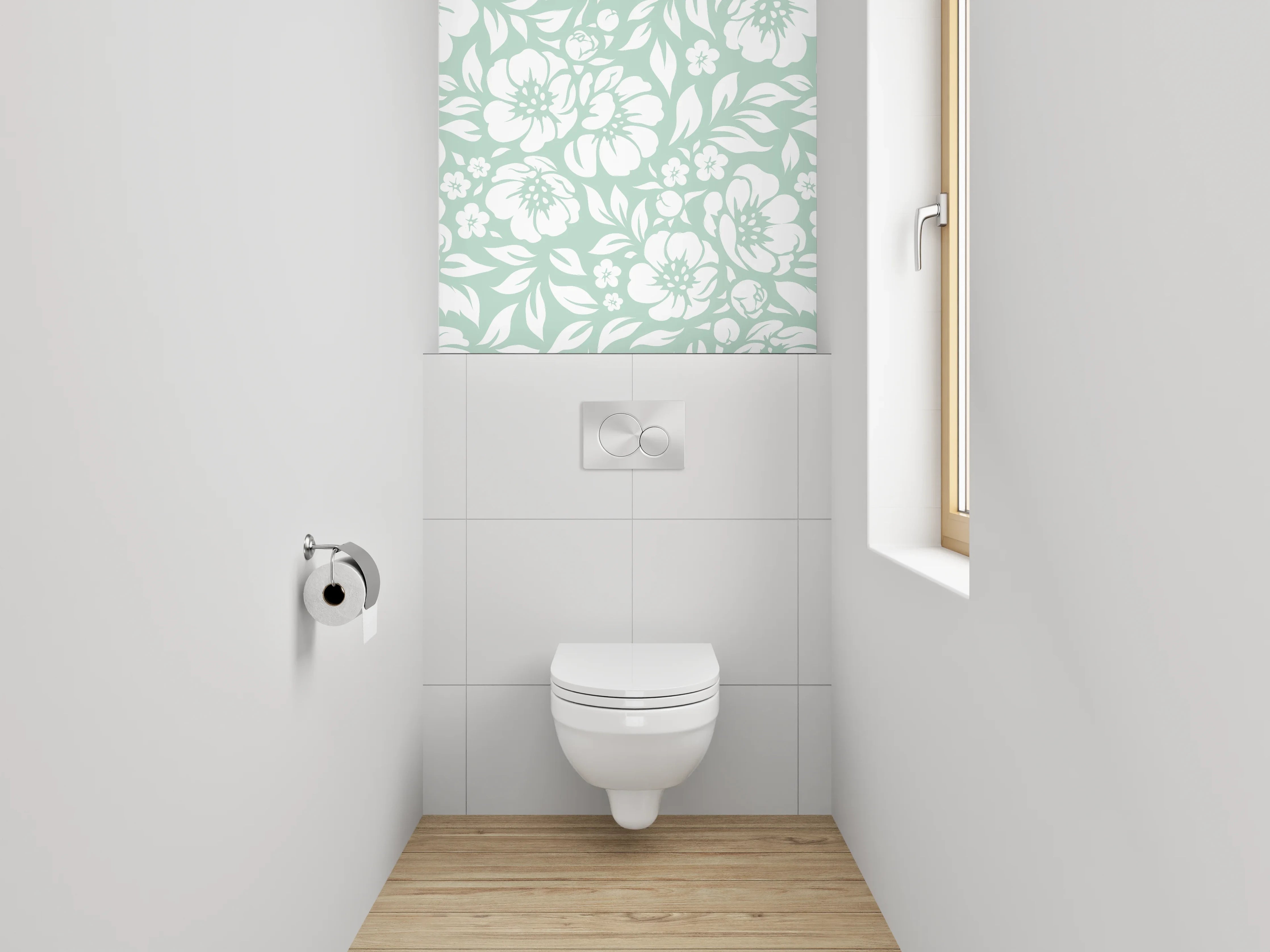 WC-Rückwand - Florales Vintage Muster Weiß Mint