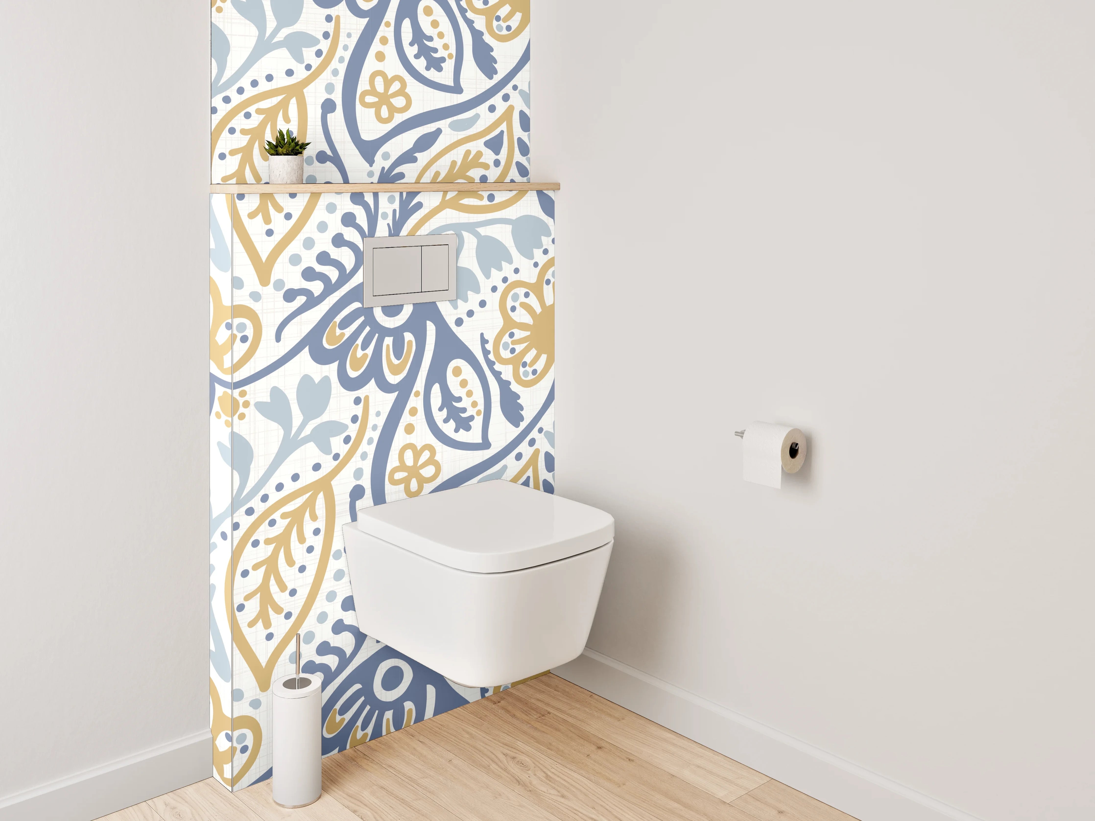WC-Rückwand - Florales Vintage-Muster in Blau und Gelb
