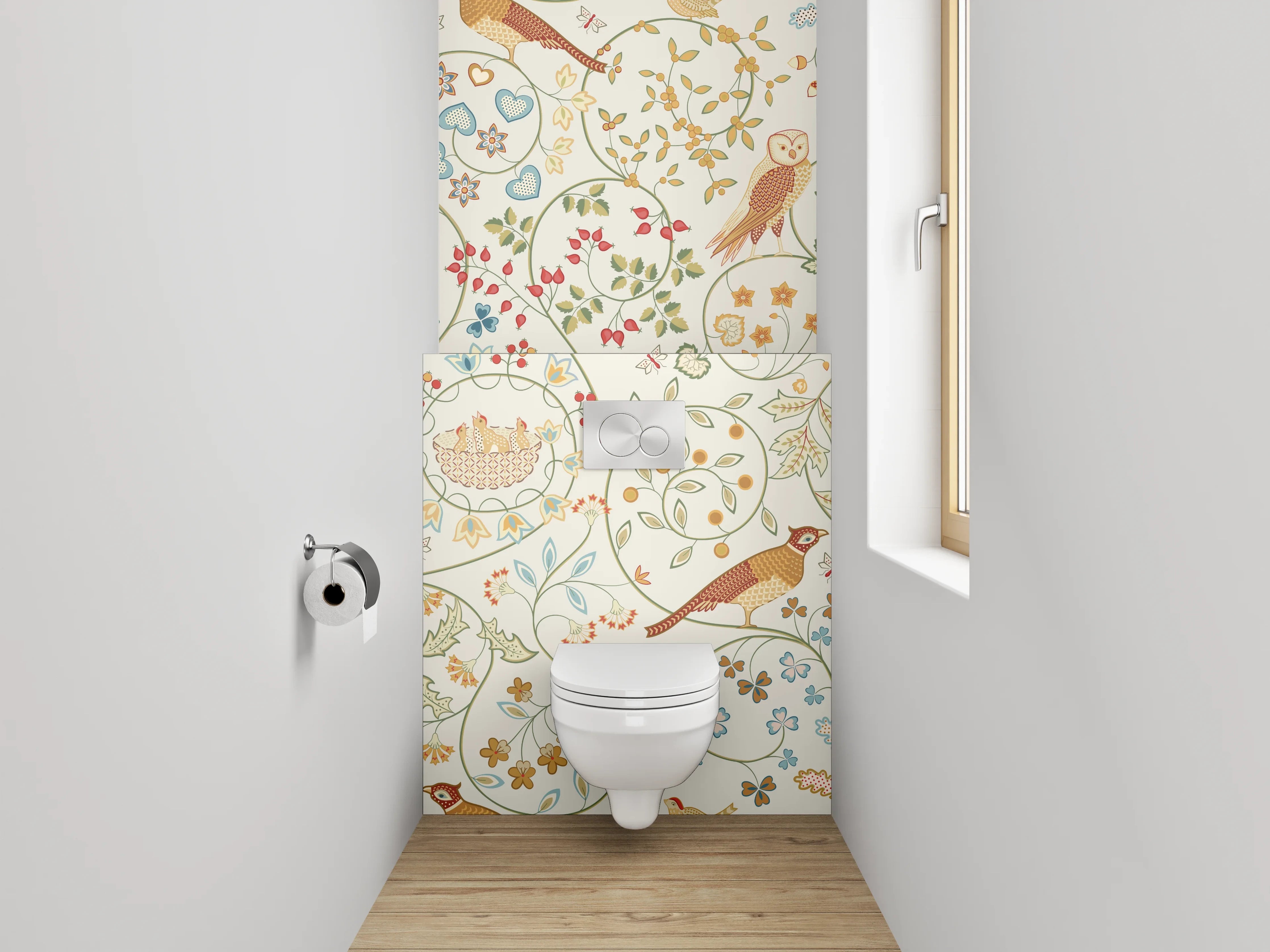 WC-Rückwand - Florales Vogelmuster Aquarell Tapete