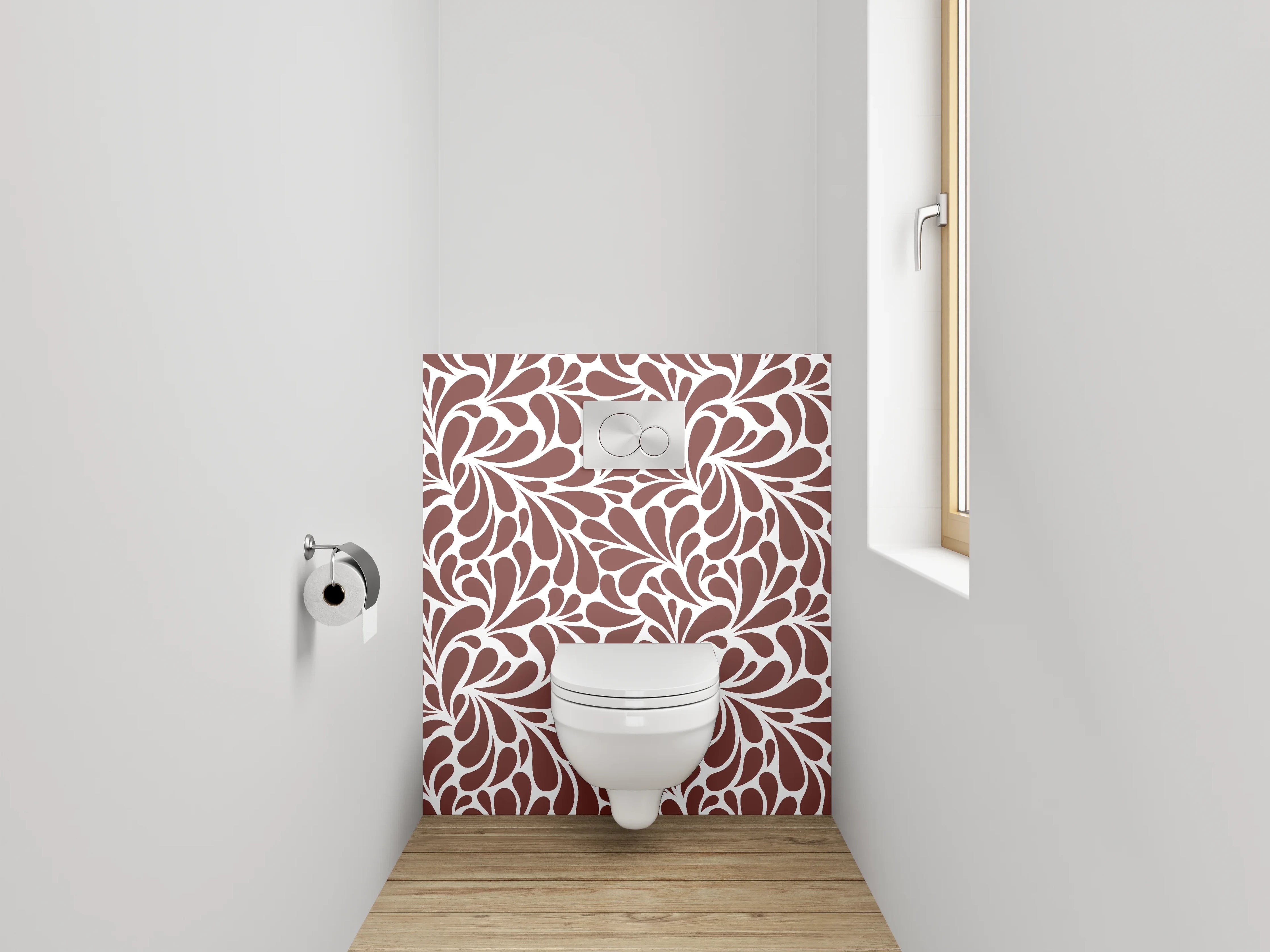 WC-Rückwand - Florales Wirbel-Muster Braun Weiß