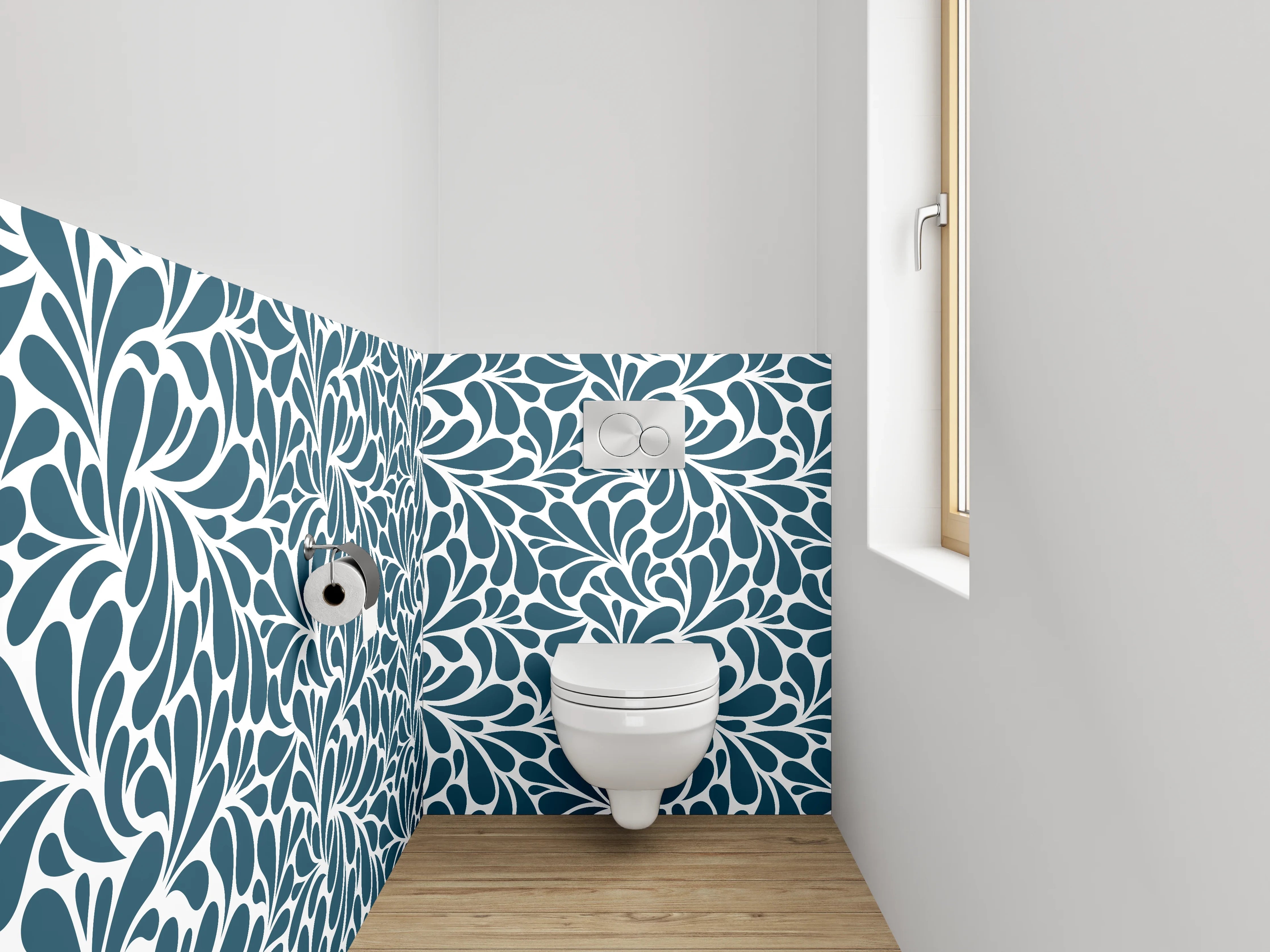 WC-Rückwand - Florales Wirbelmuster in Blau-Weiß
