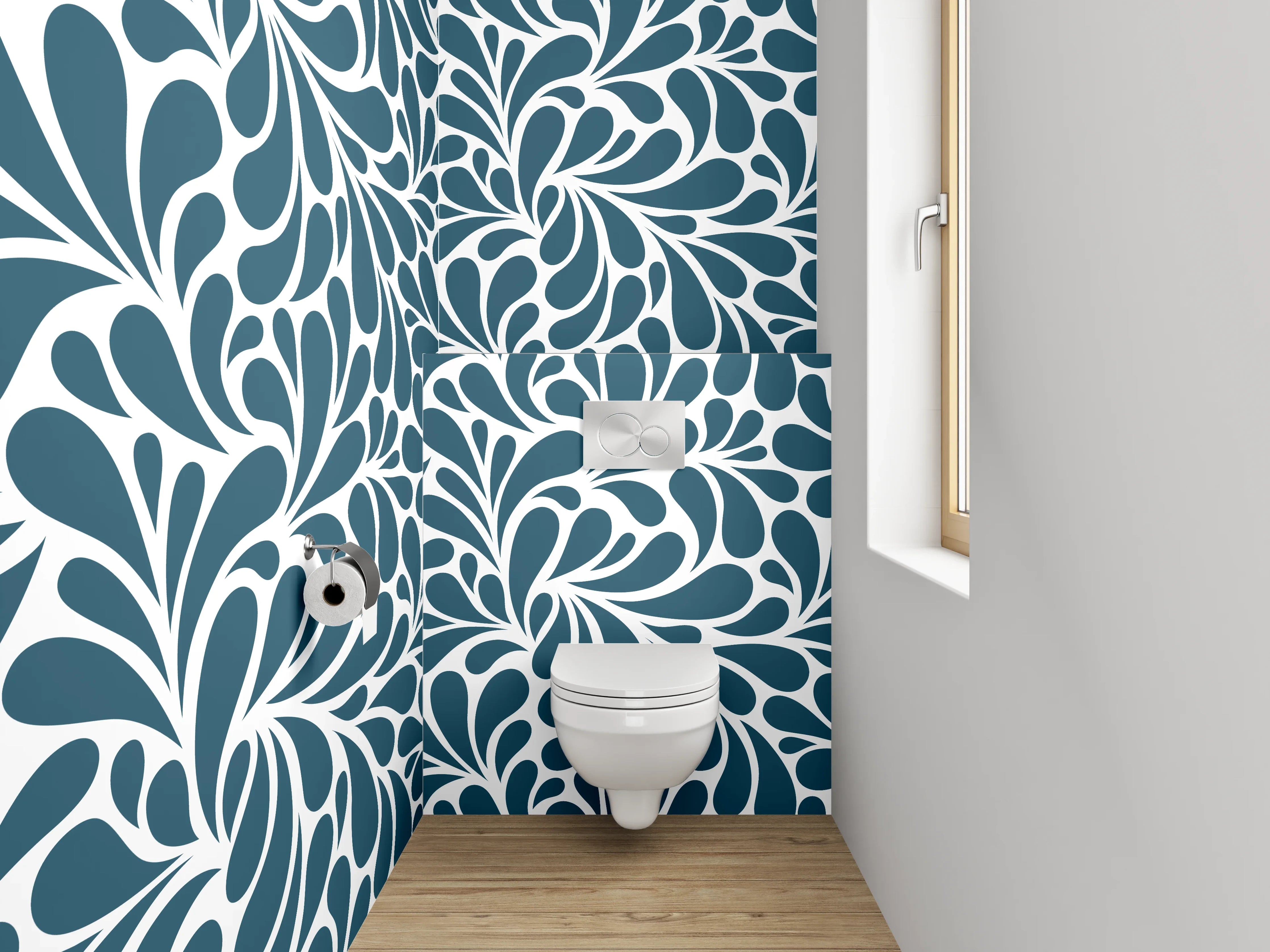 WC-Rückwand - Florales Wirbelmuster in Blau-Weiß