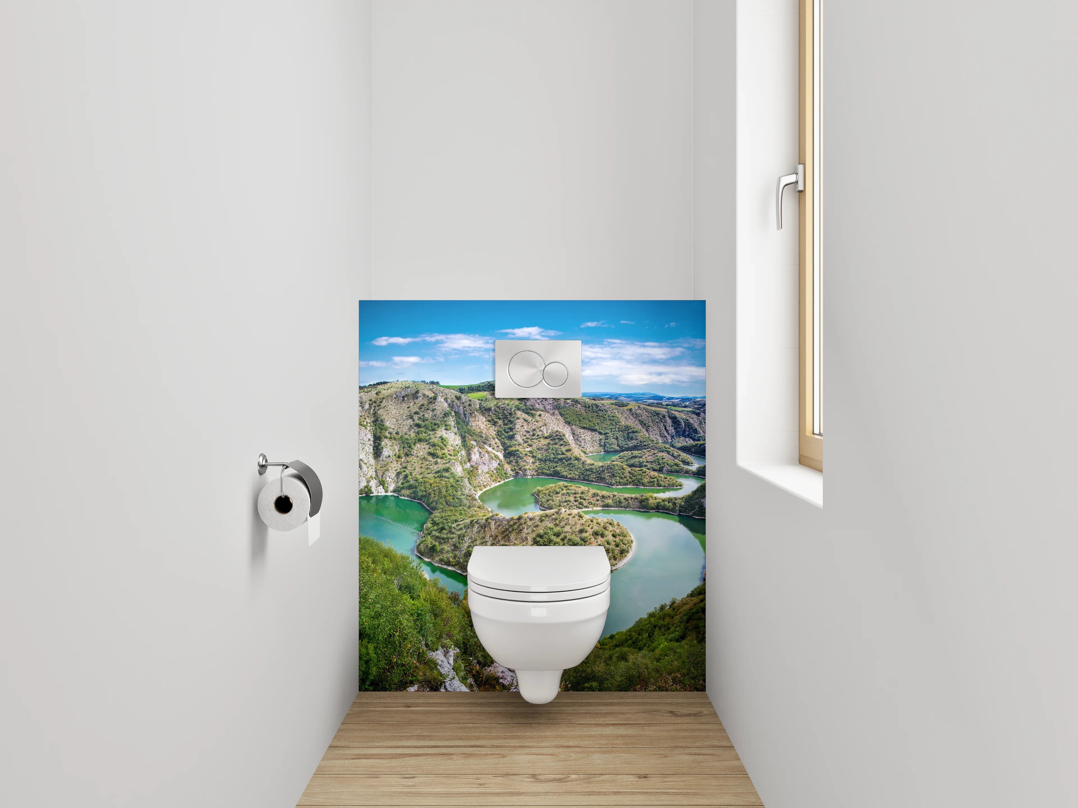 WC-Rückwand - Flusslandschaft mit grünen Hügeln