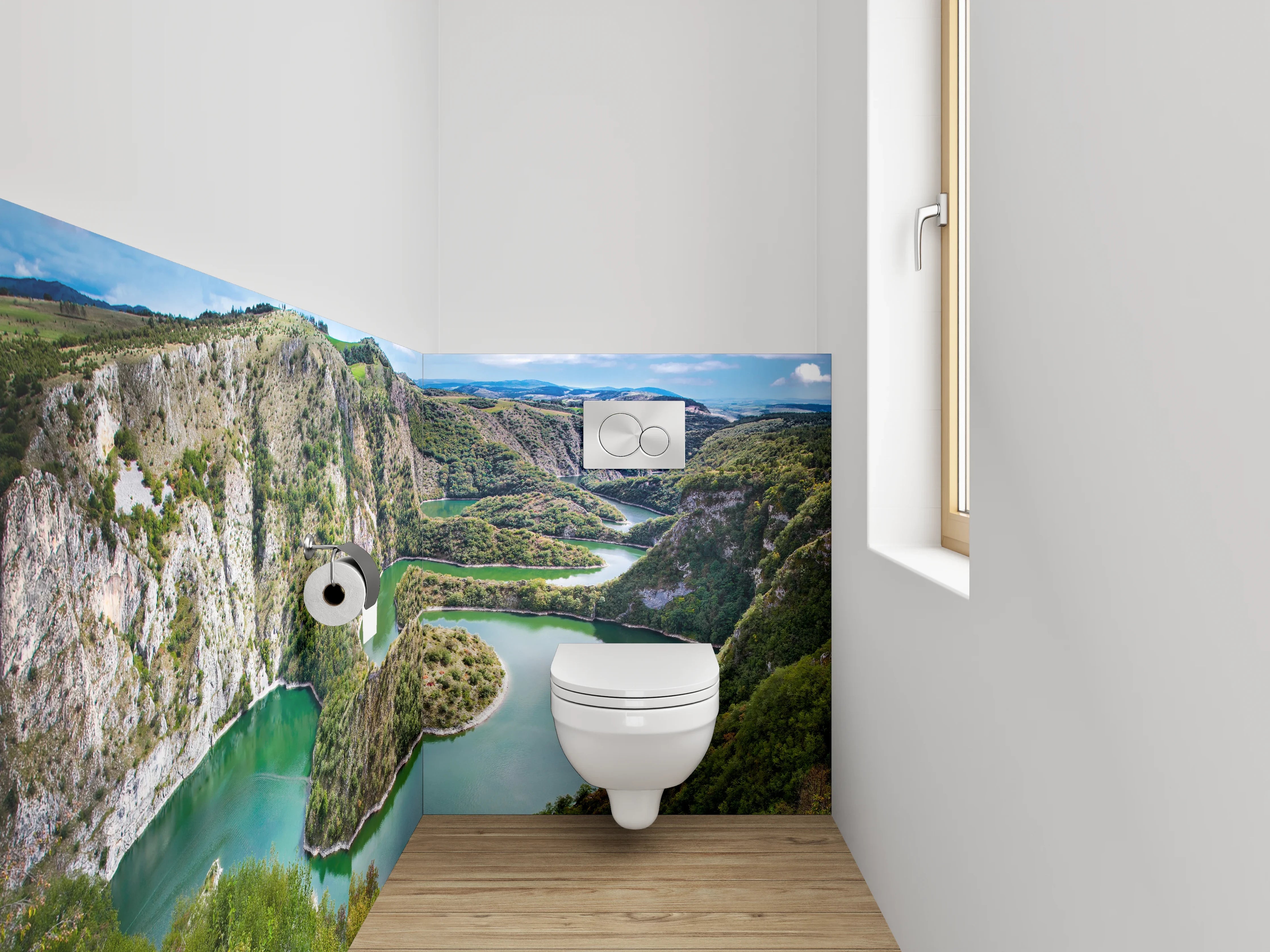 WC-Rückwand - Flusslandschaft mit grünen Hügeln
