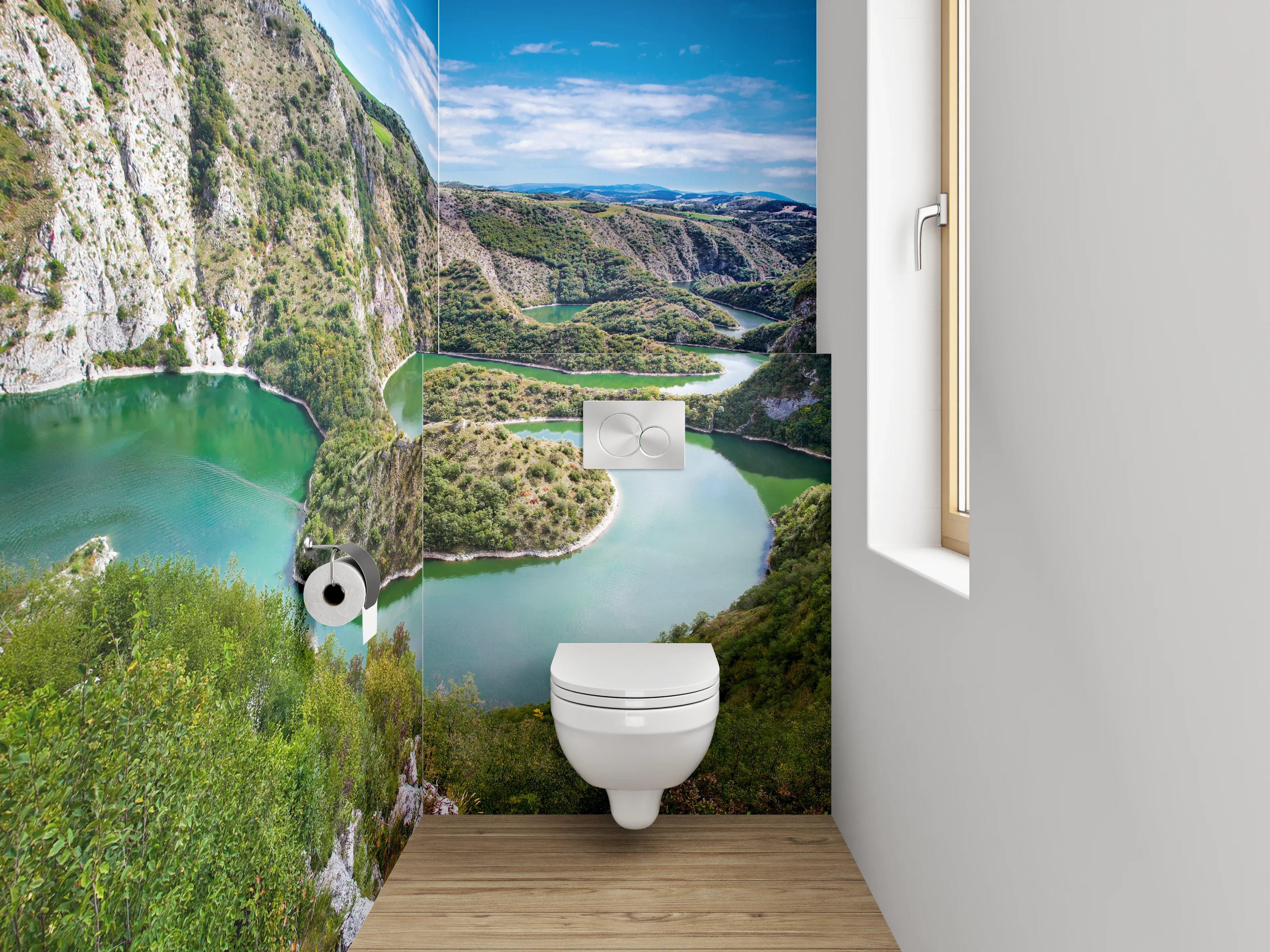 WC-Rückwand - Flusslandschaft mit grünen Hügeln