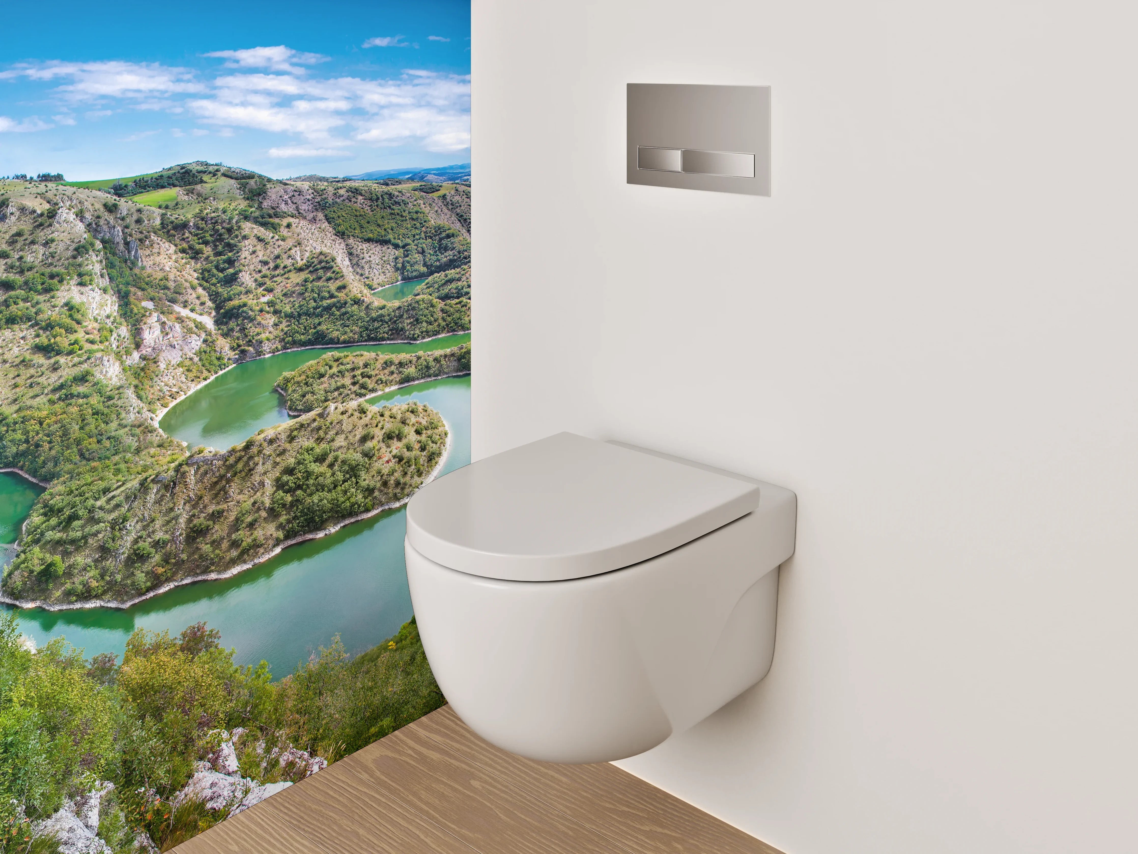 WC-Rückwand - Flusslandschaft mit grünen Hügeln