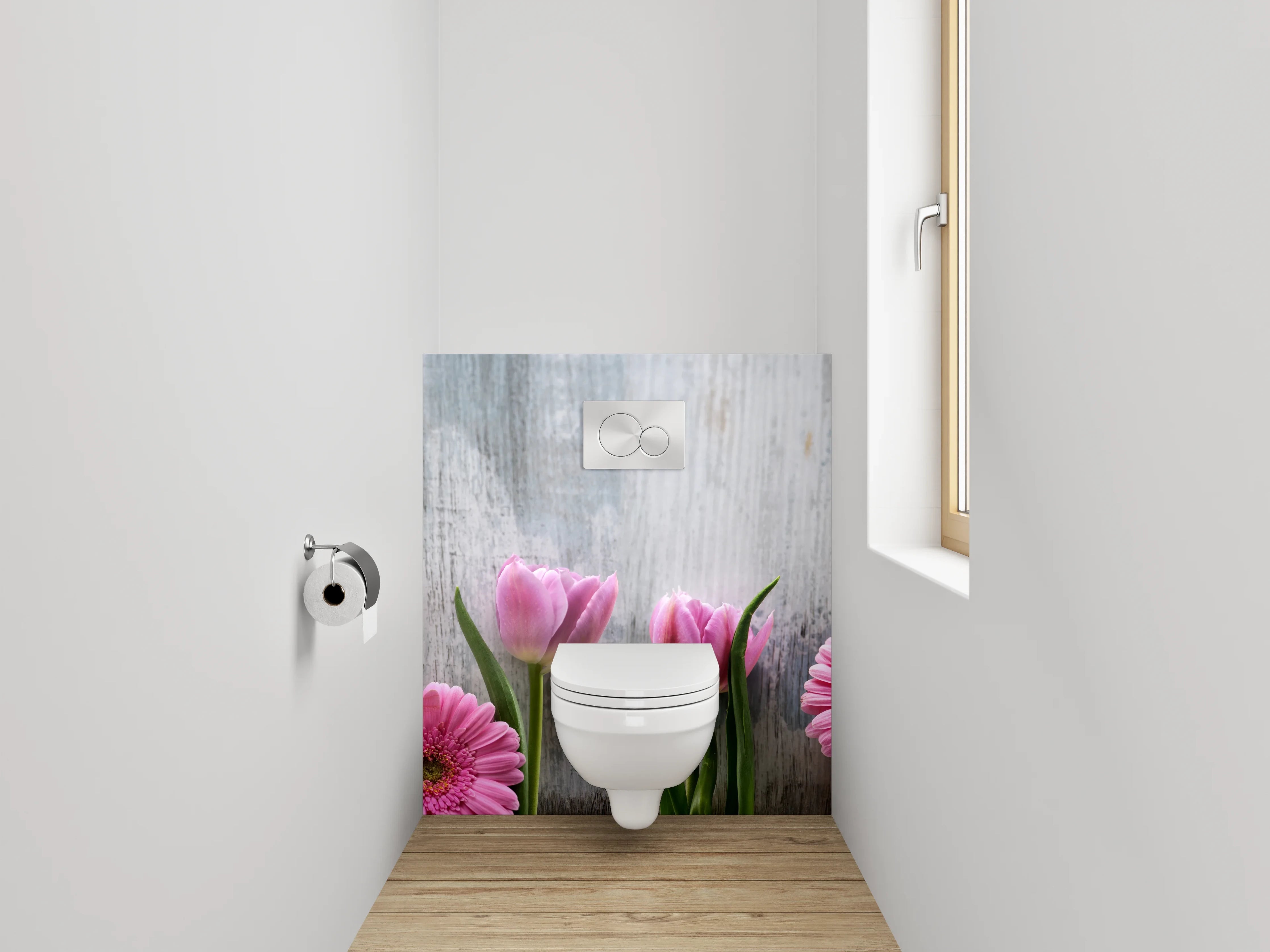 WC-Rückwand - Frische Blumen auf Holzoptik