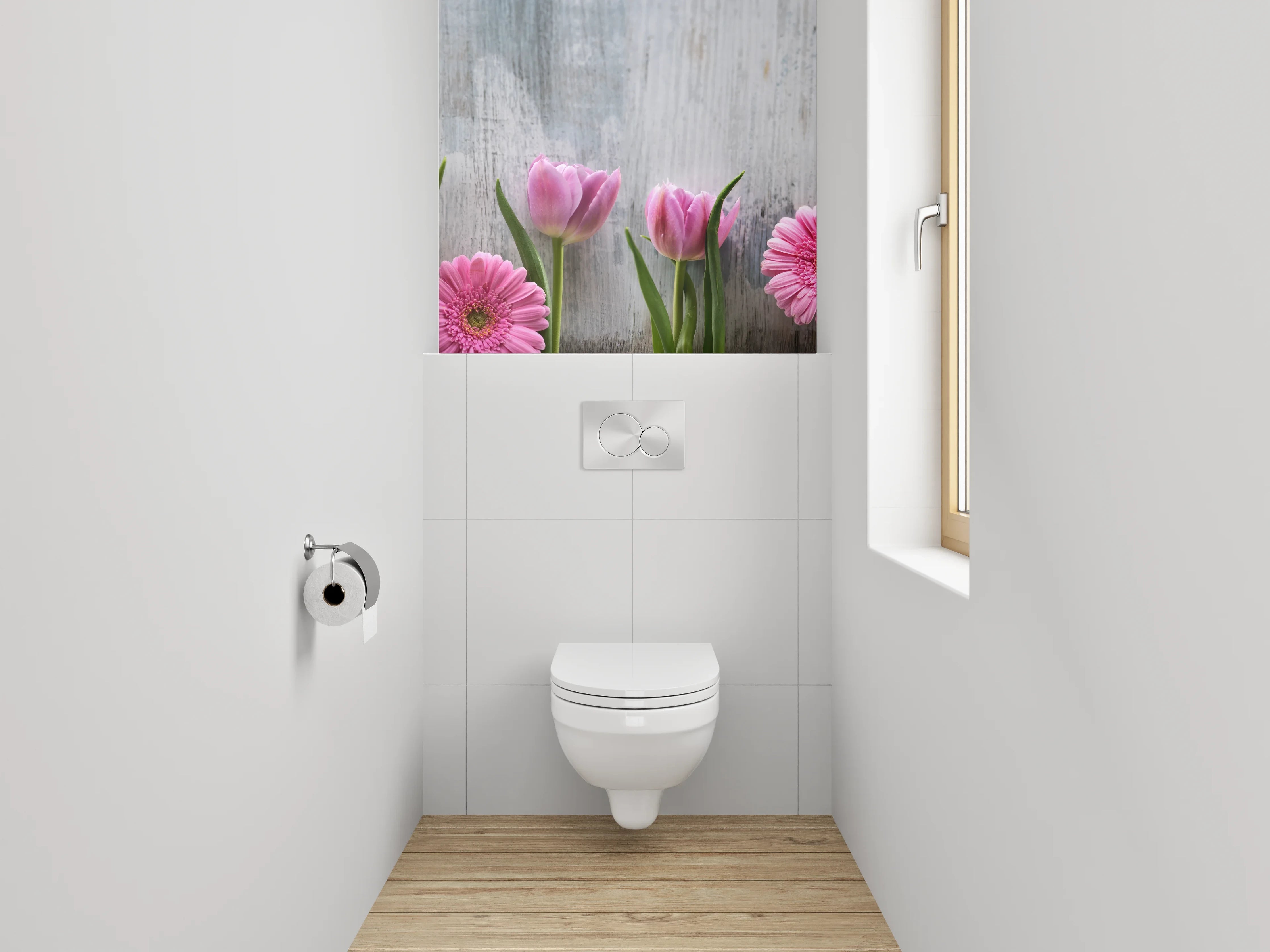 WC-Rückwand - Frische Blumen auf Holzoptik