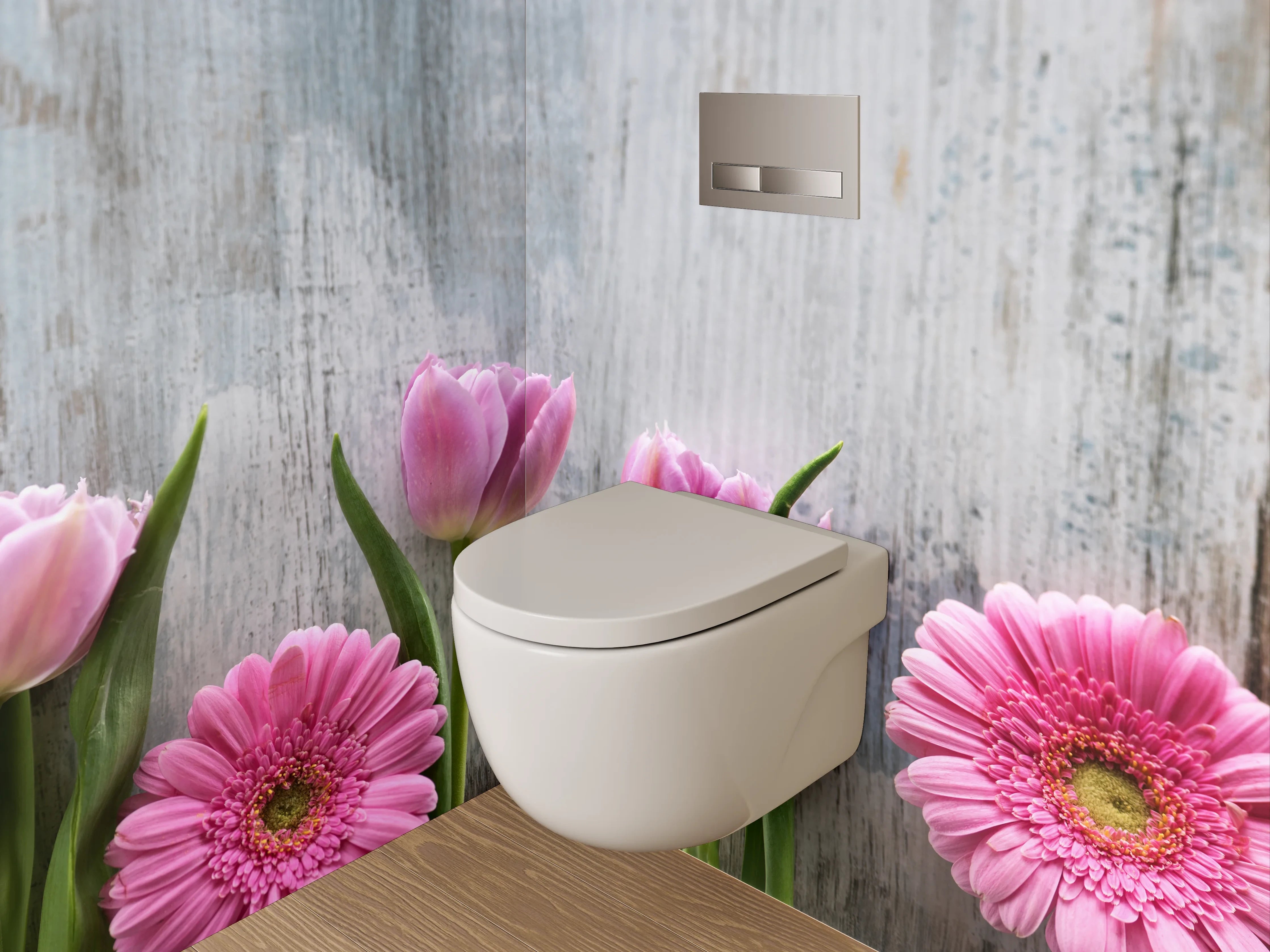 WC-Rückwand - Frische Blumen auf Holzoptik