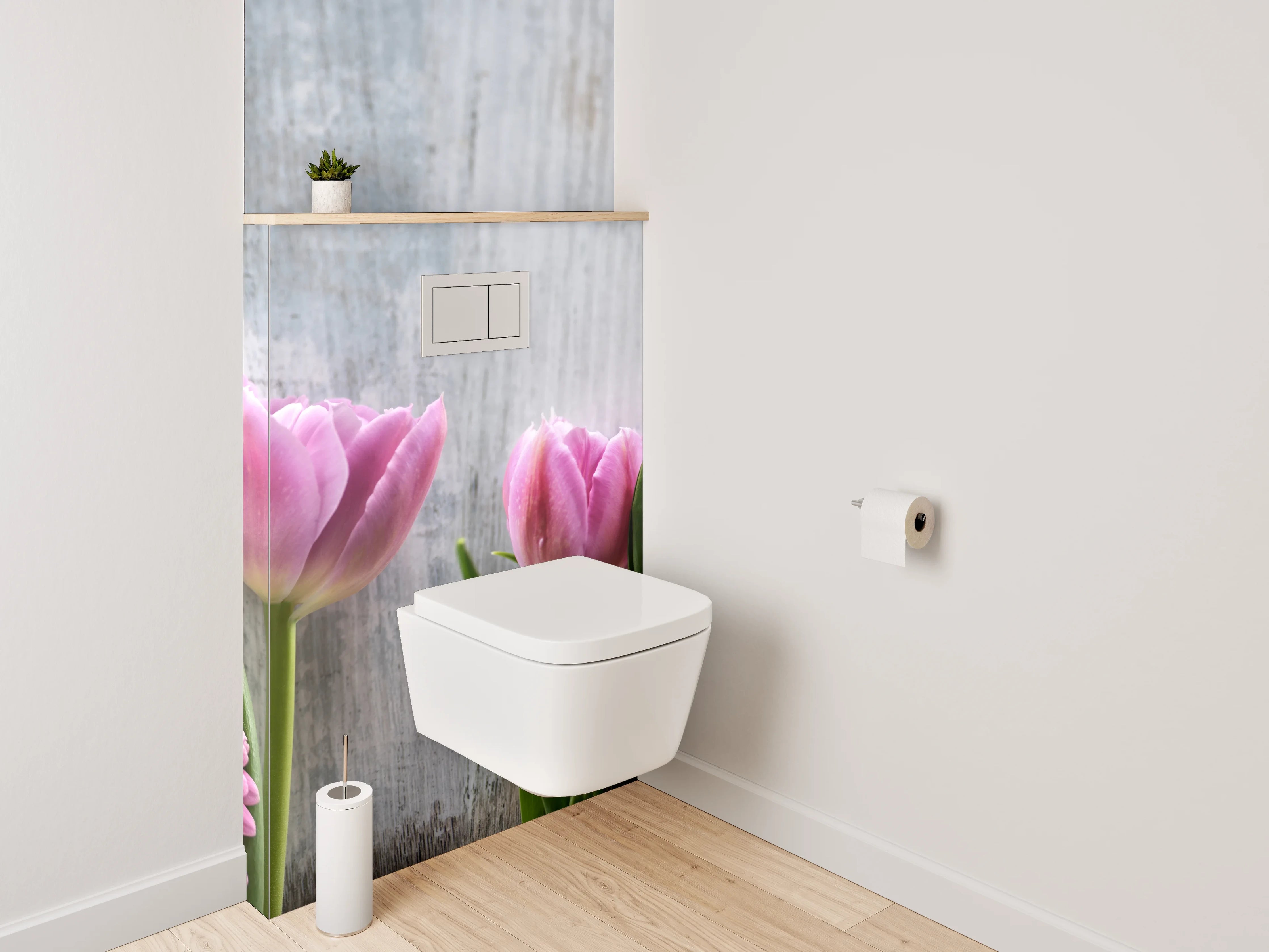 WC-Rückwand - Frische Blumen auf Holzoptik