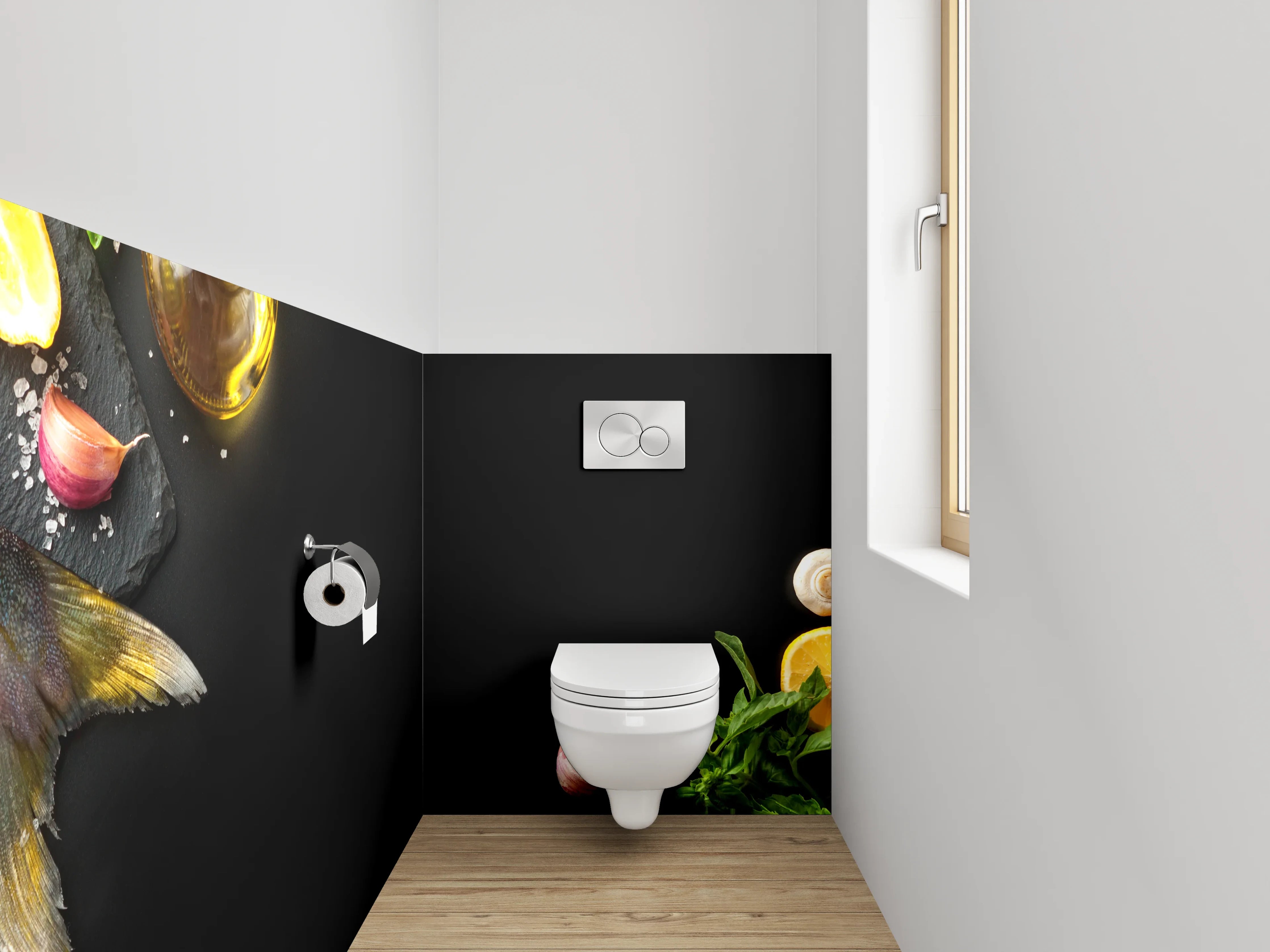 WC-Rückwand - Frische Zutaten auf schwarzem Hintergrund
