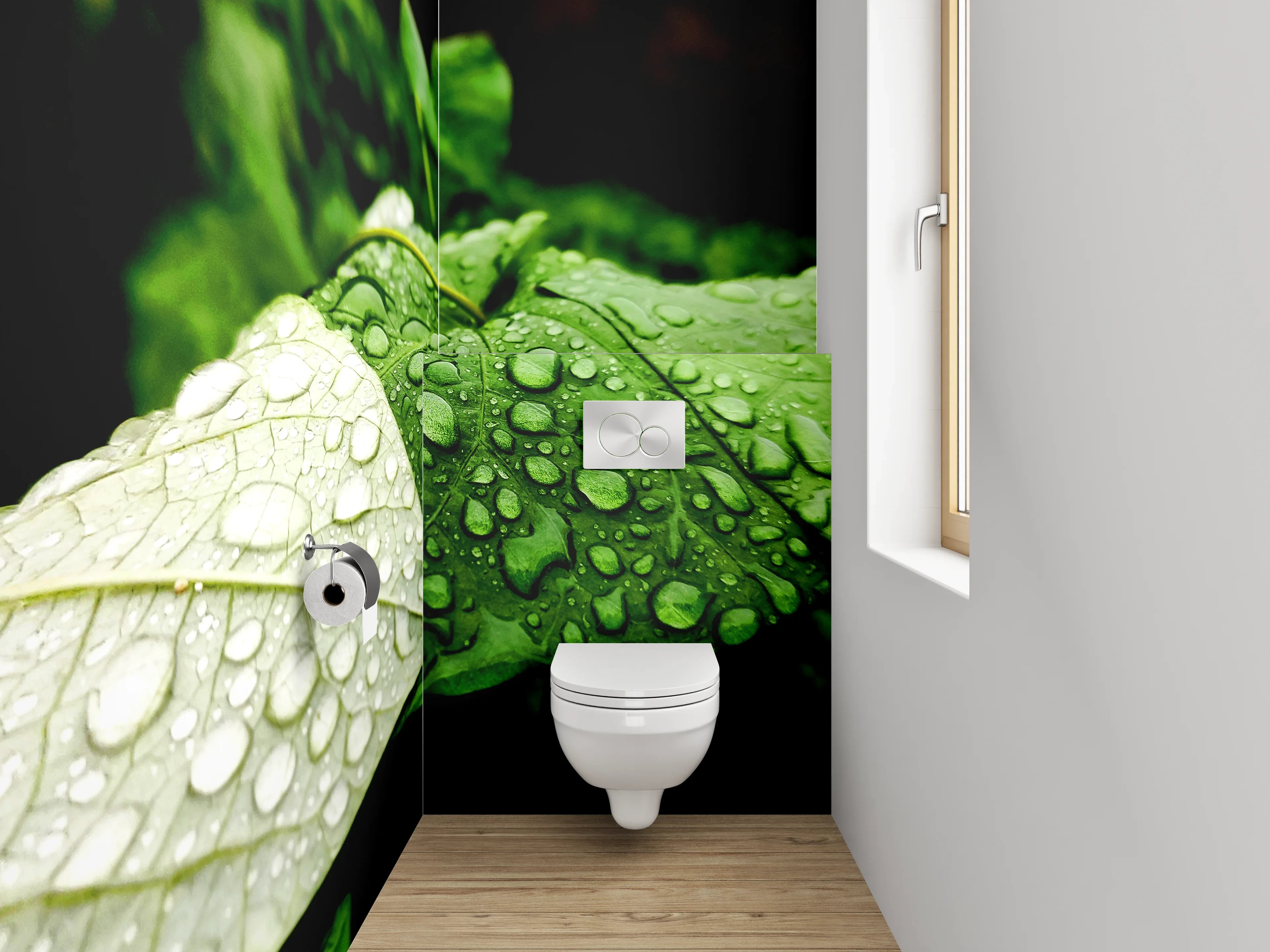 WC-Rückwand - Frische grüne Blätter mit Regentropfen