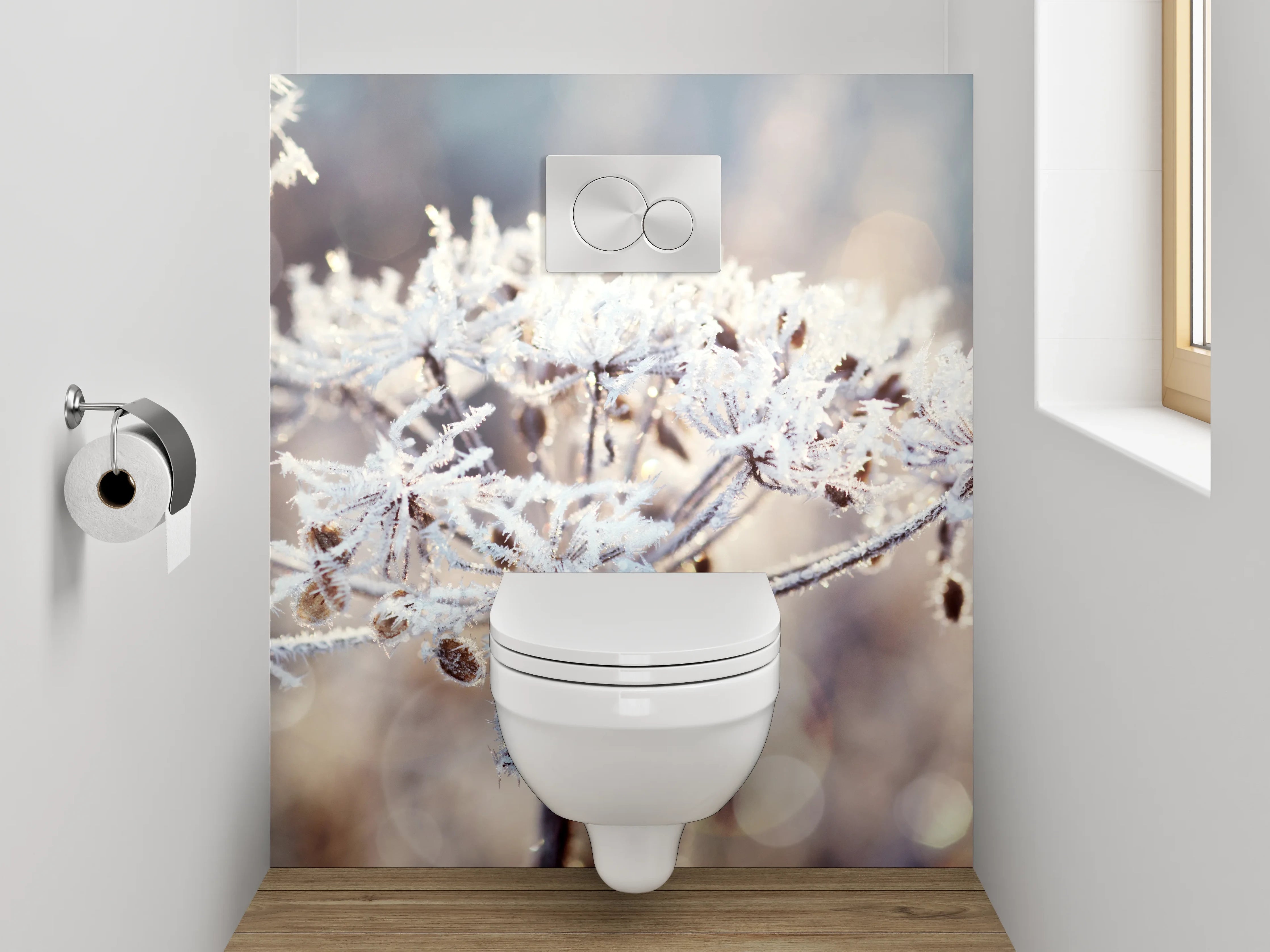 WC-Rückwand - Frostige Eiskristall-Blumen in Weiß