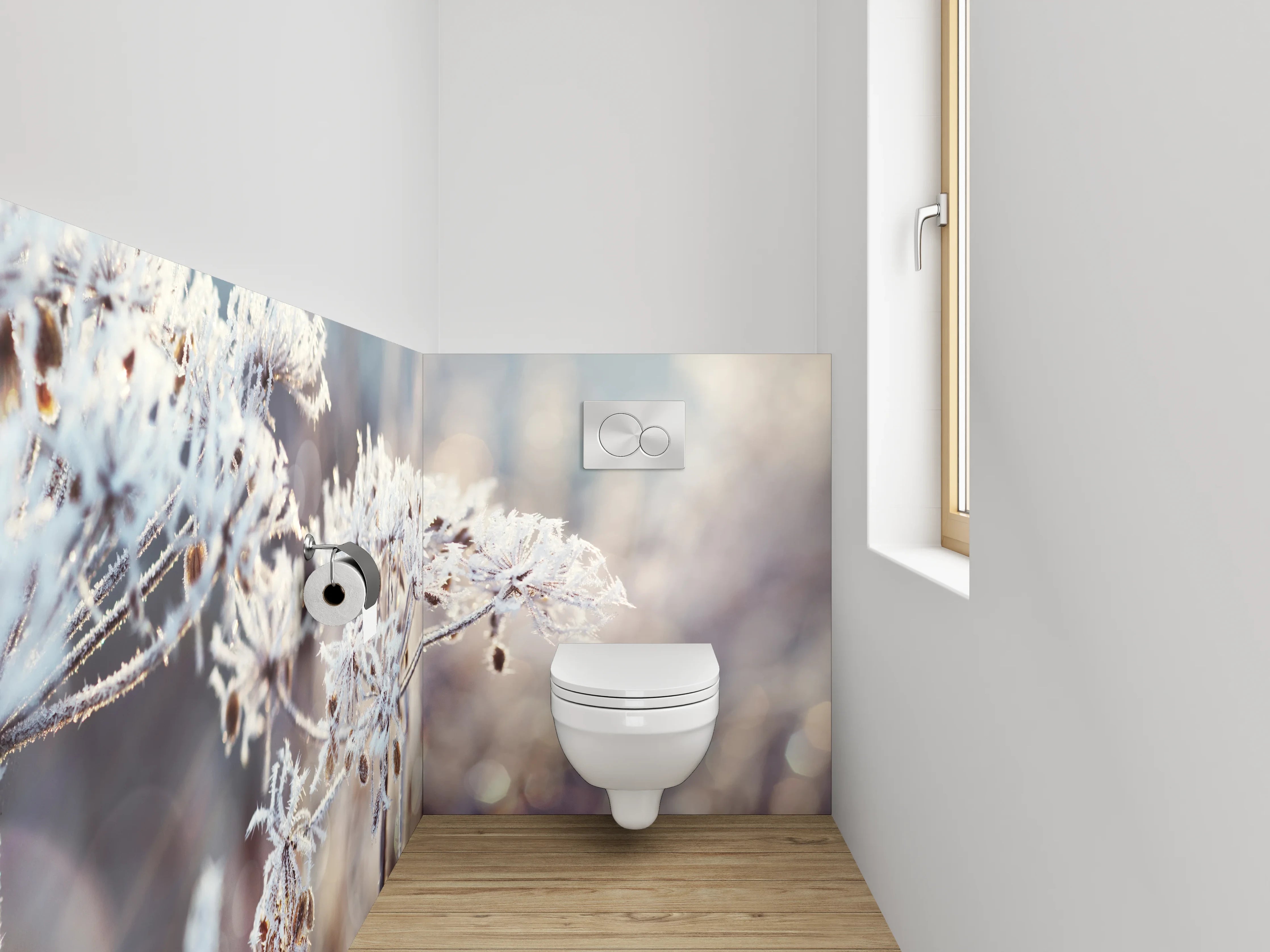 WC-Rückwand - Frostige Eiskristall-Blumen in Weiß
