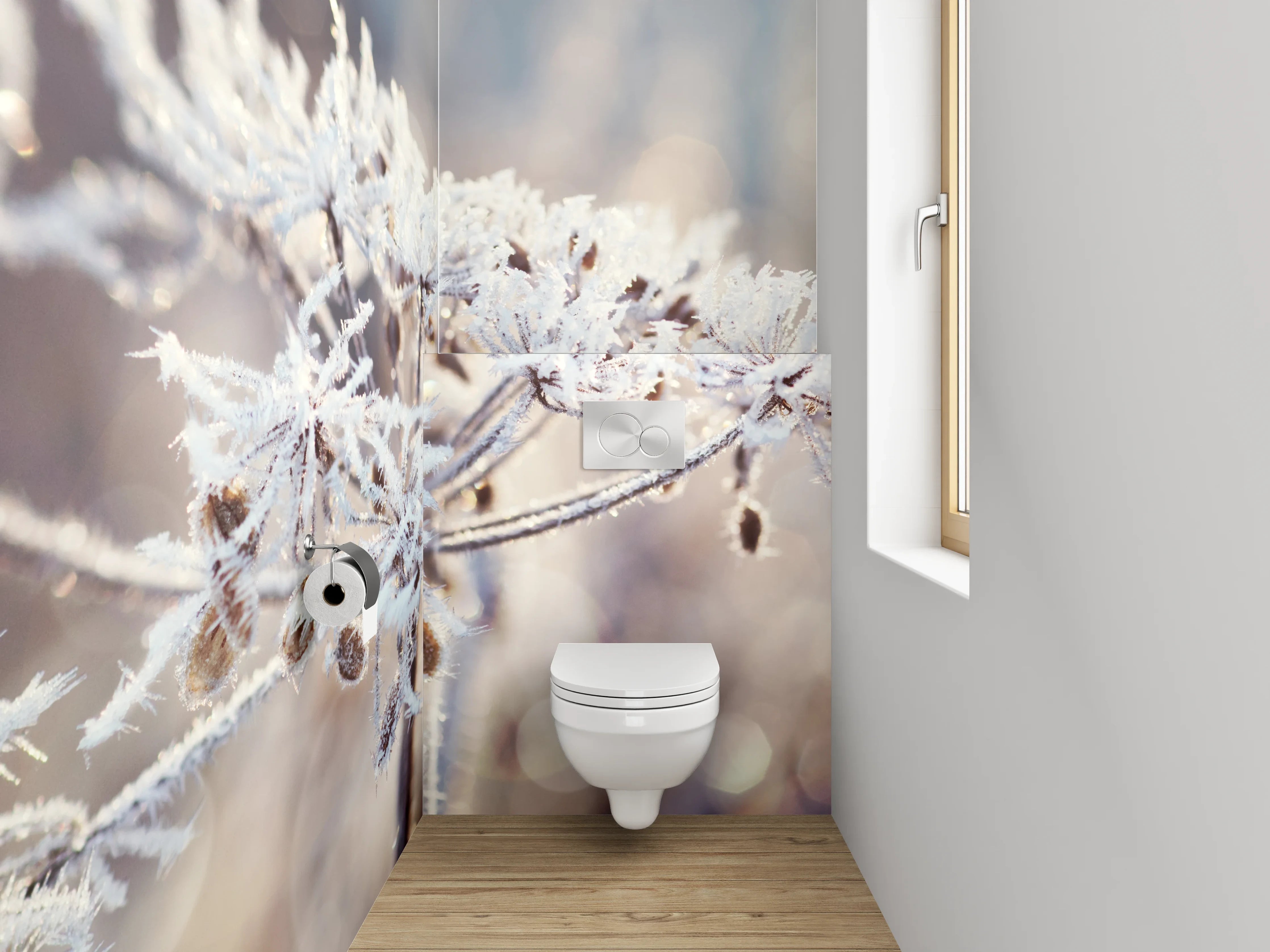 WC-Rückwand - Frostige Eiskristall-Blumen in Weiß