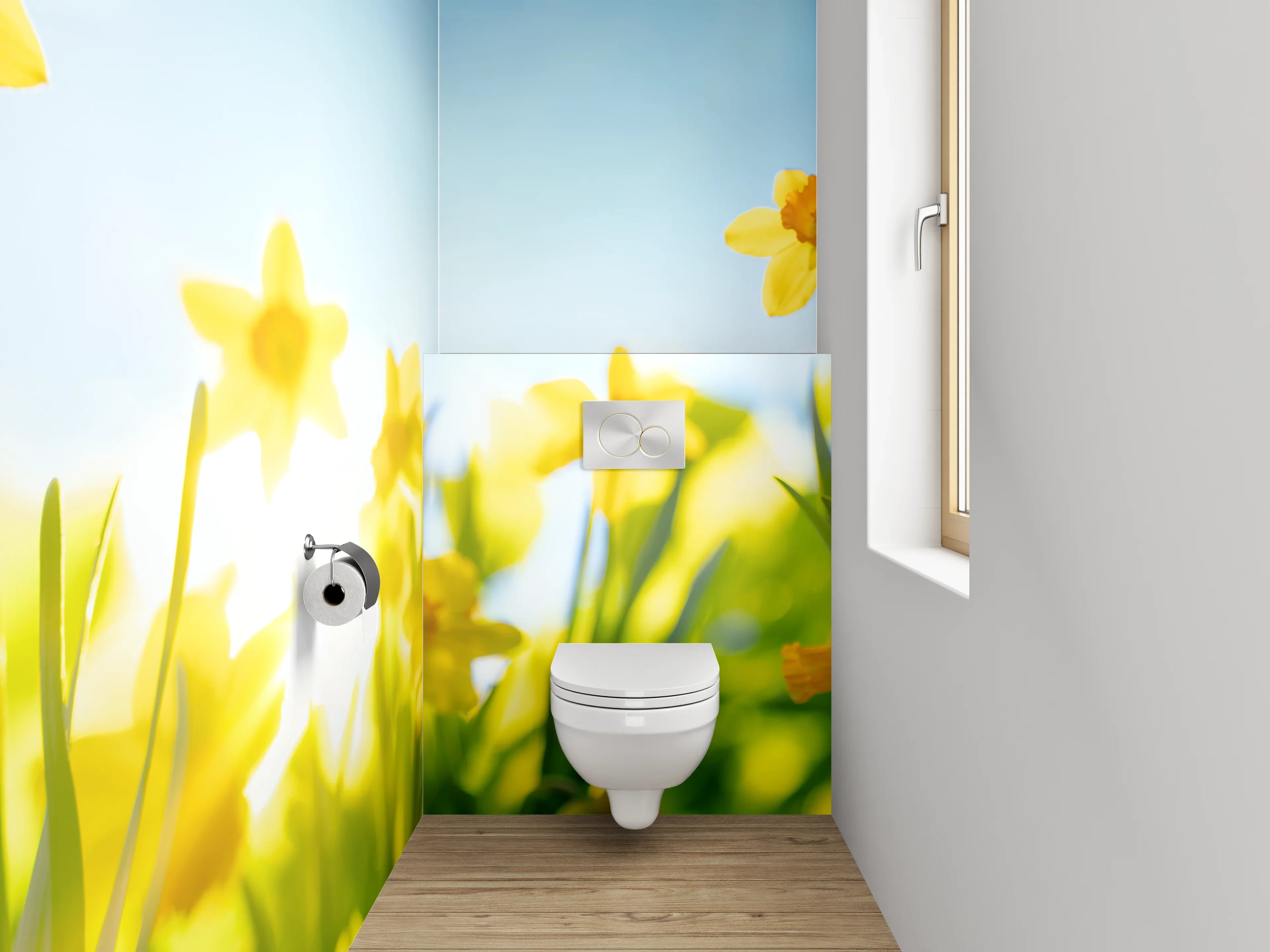 WC-Rückwand - Frühlingshafte Narzissen mit blauem Himmel