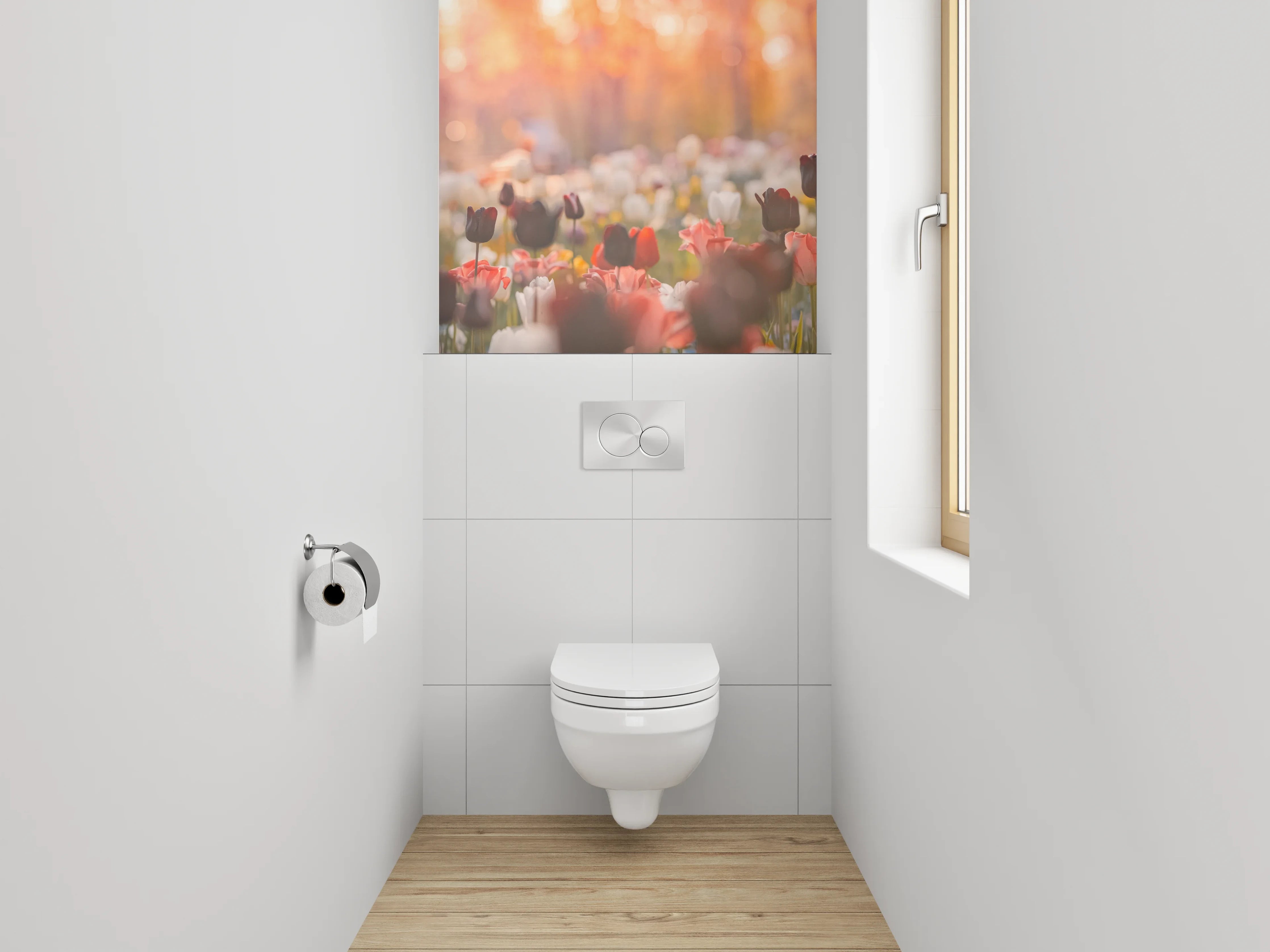 WC-Rückwand - Frühlingshafte Tulpenwiese im Sonnenlicht