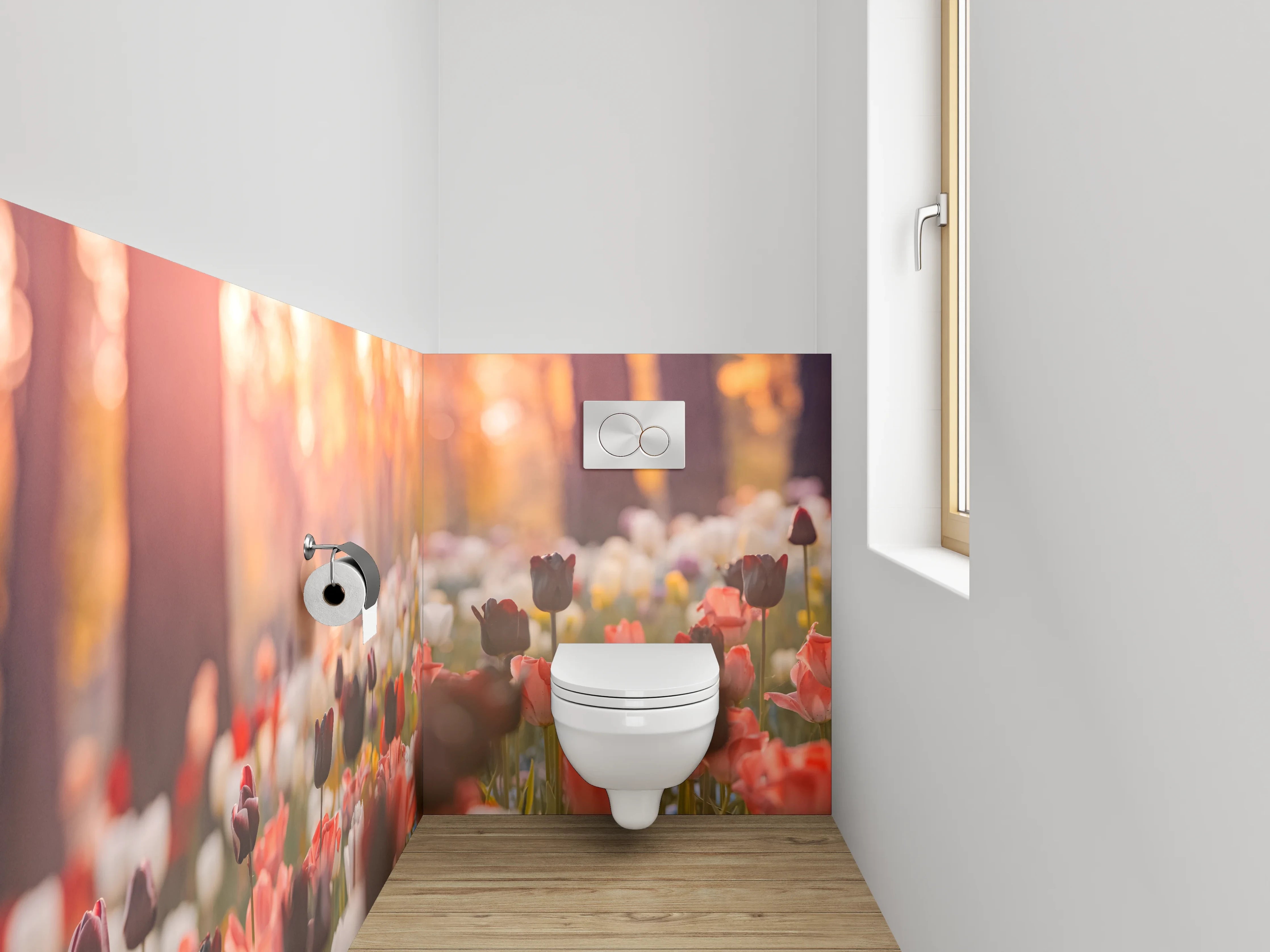 WC-Rückwand - Frühlingshafte Tulpenwiese im Sonnenlicht