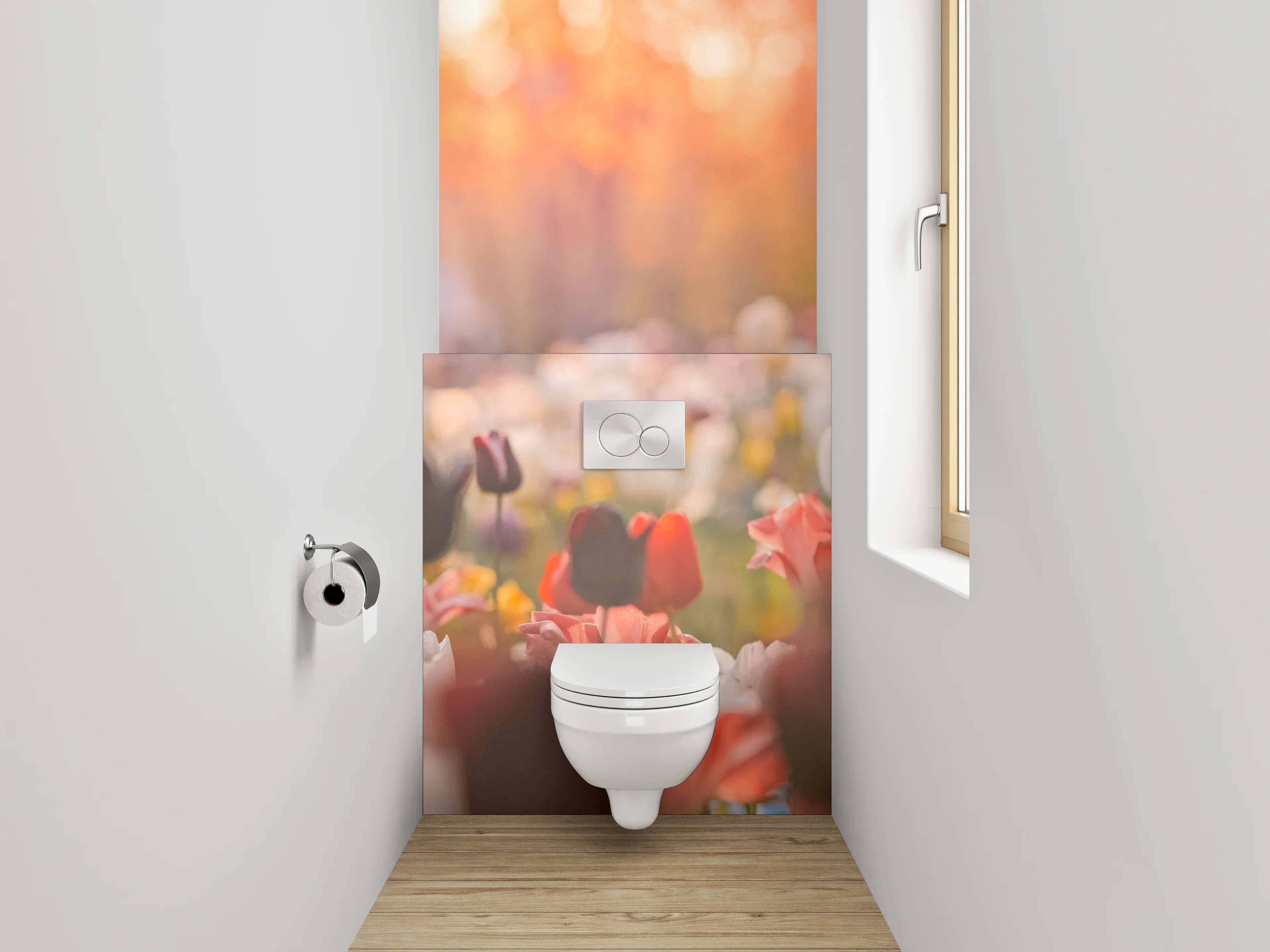 WC-Rückwand - Frühlingshafte Tulpenwiese im Sonnenlicht