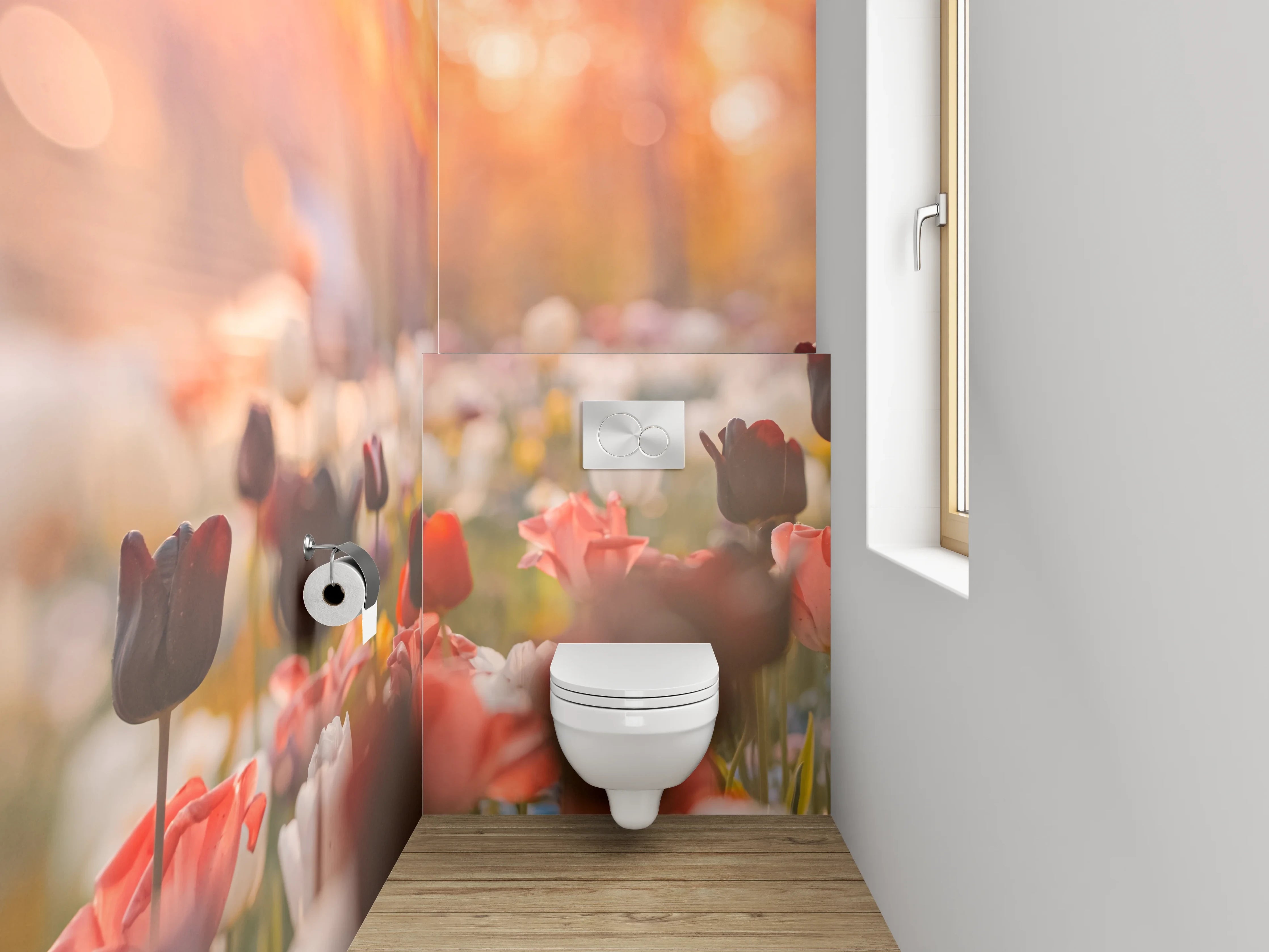 WC-Rückwand - Frühlingshafte Tulpenwiese im Sonnenlicht