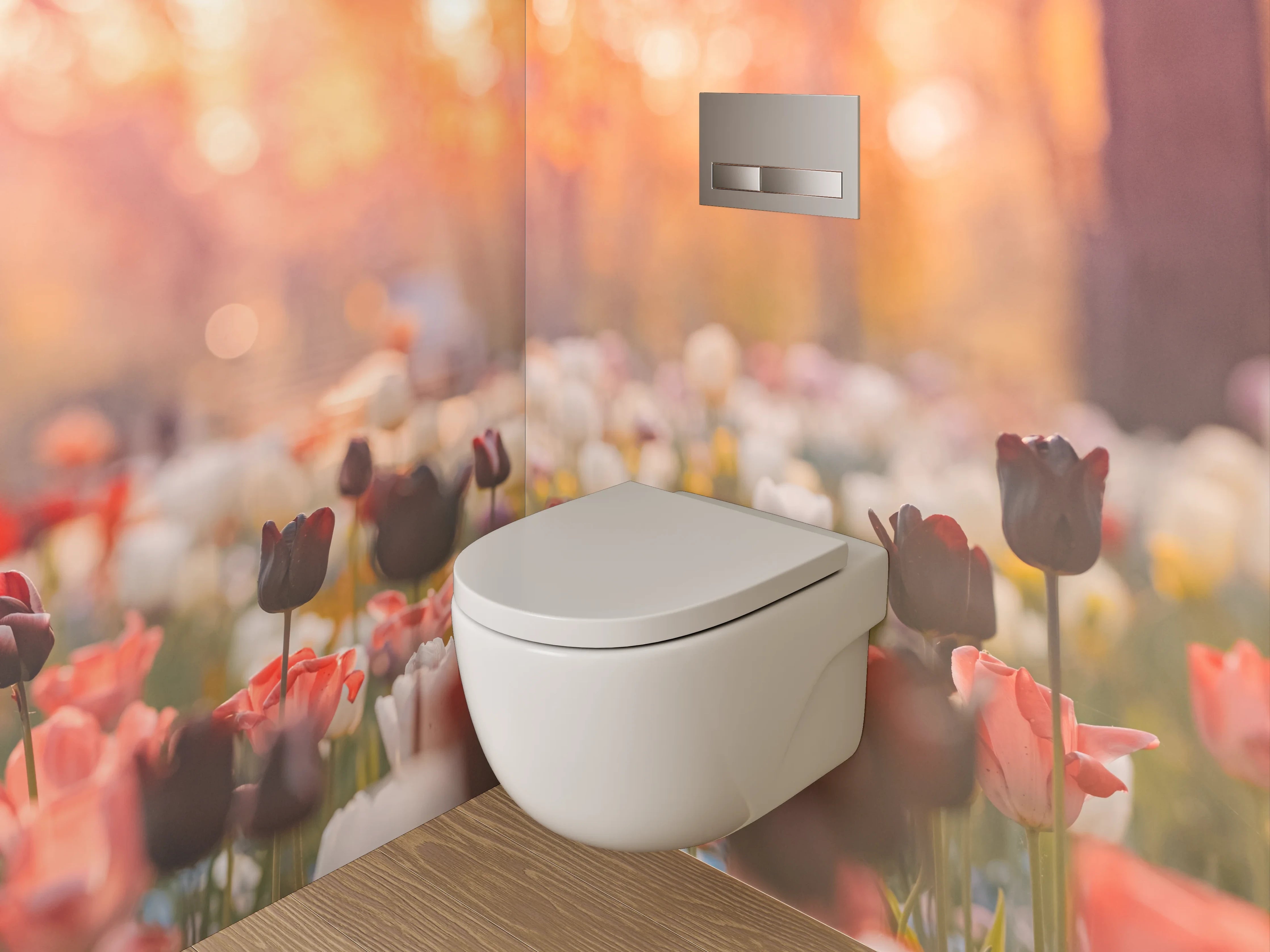 WC-Rückwand - Frühlingshafte Tulpenwiese im Sonnenlicht