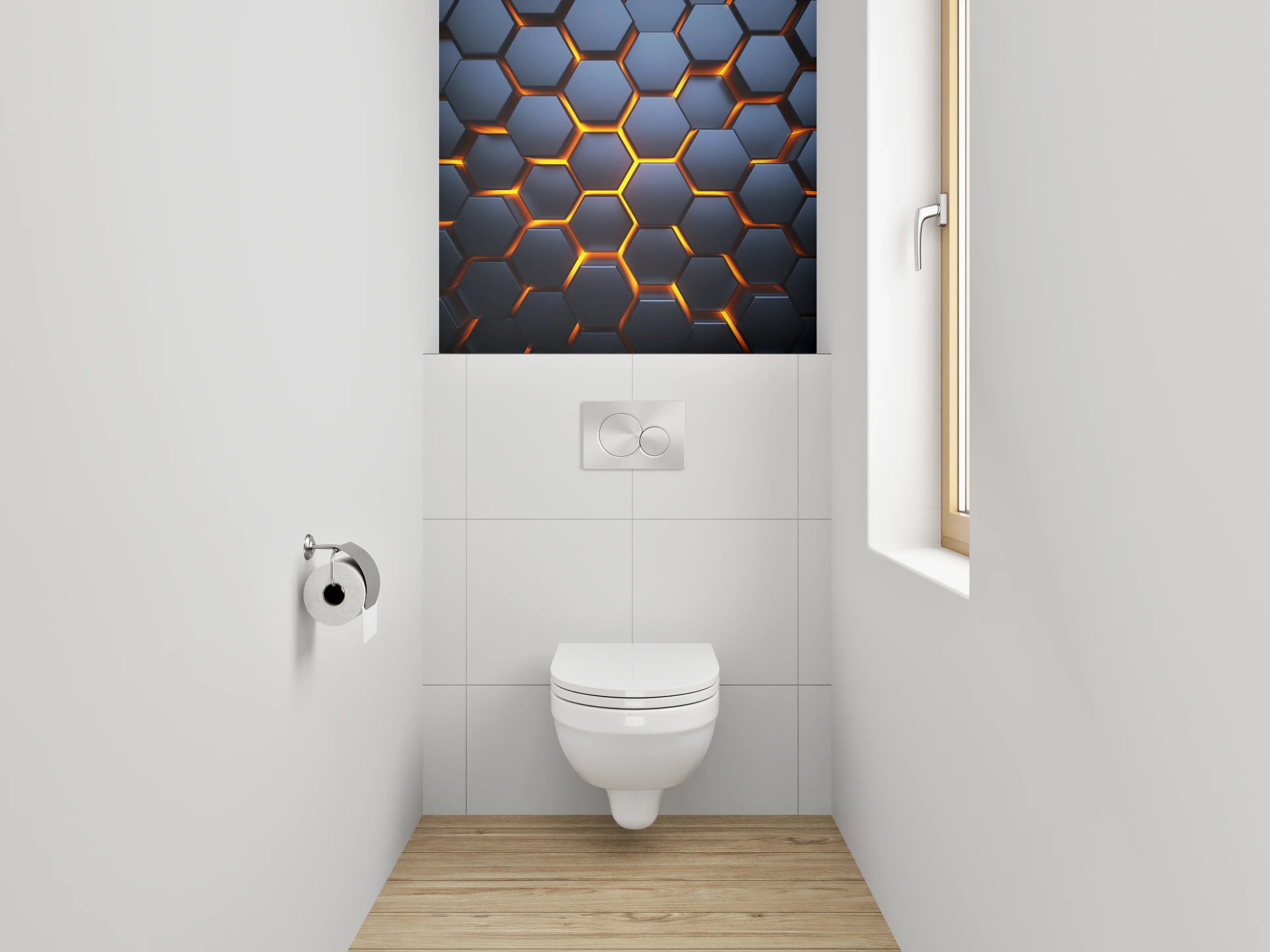 WC-Rückwand - Futuristisches Wabenmuster in Dunkelgrau und Orange