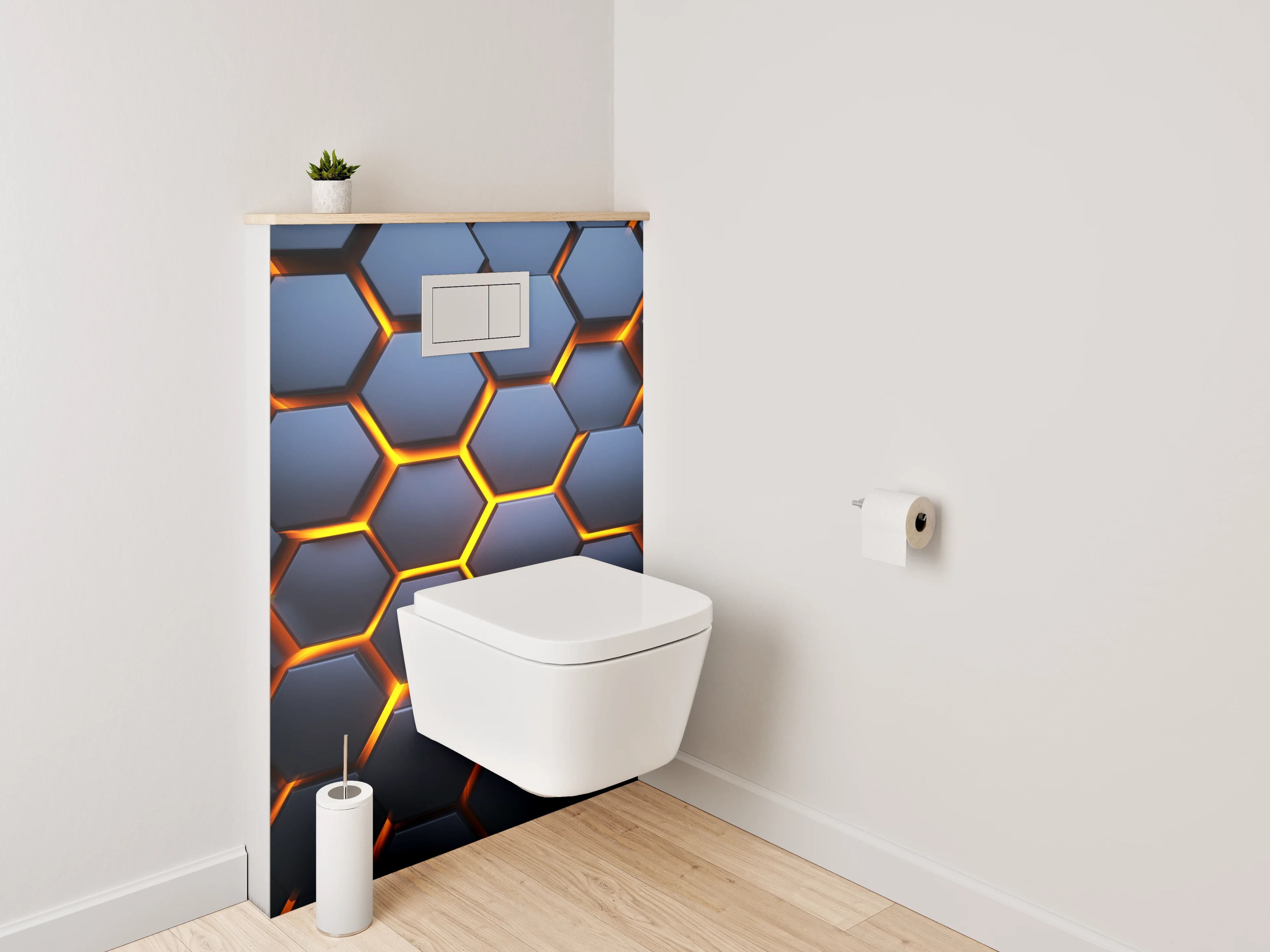 WC-Rückwand - Futuristisches Wabenmuster in Dunkelgrau und Orange