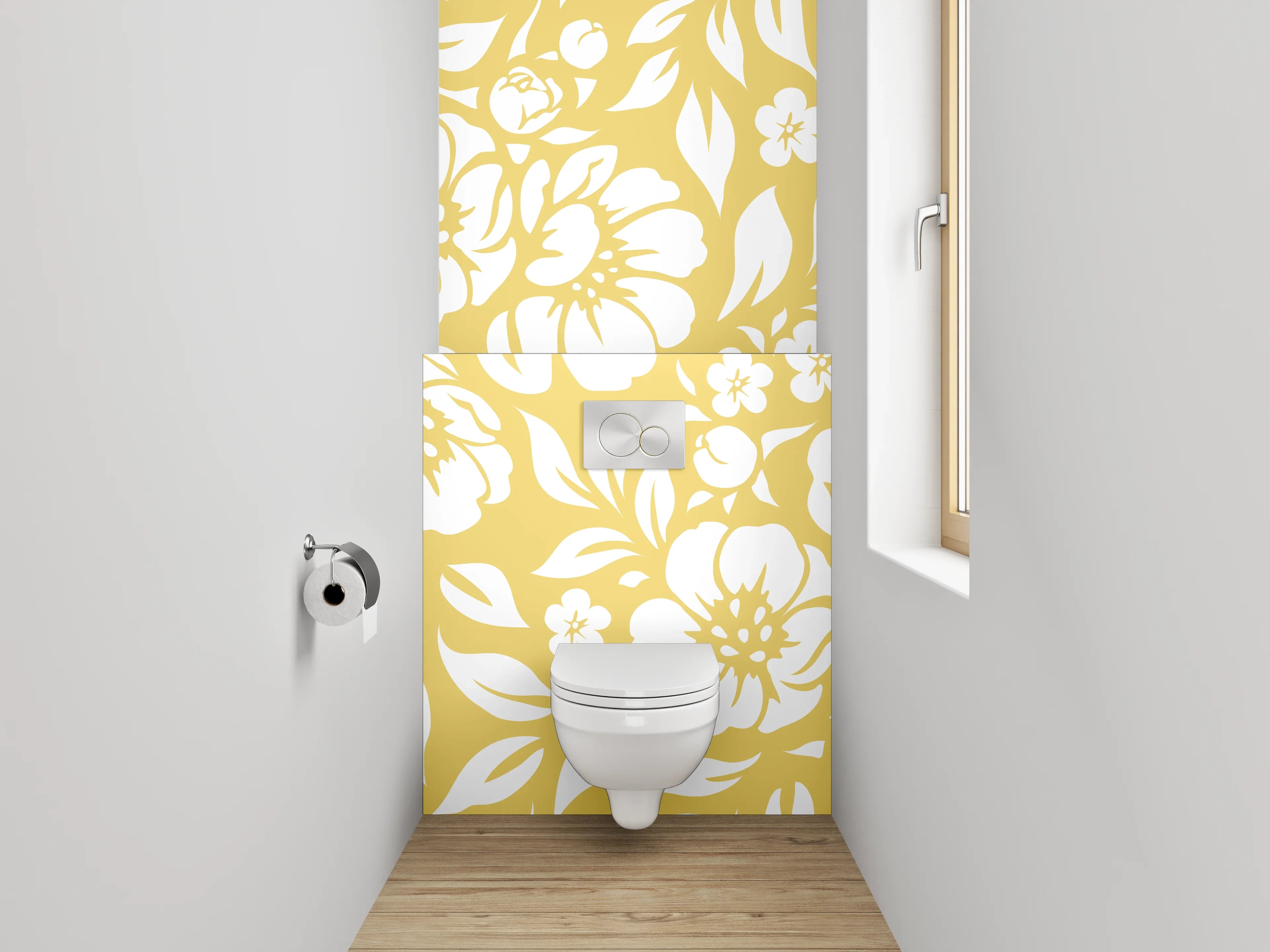 WC-Rückwand - Gelb-Graue Blütenpracht auf Weiß