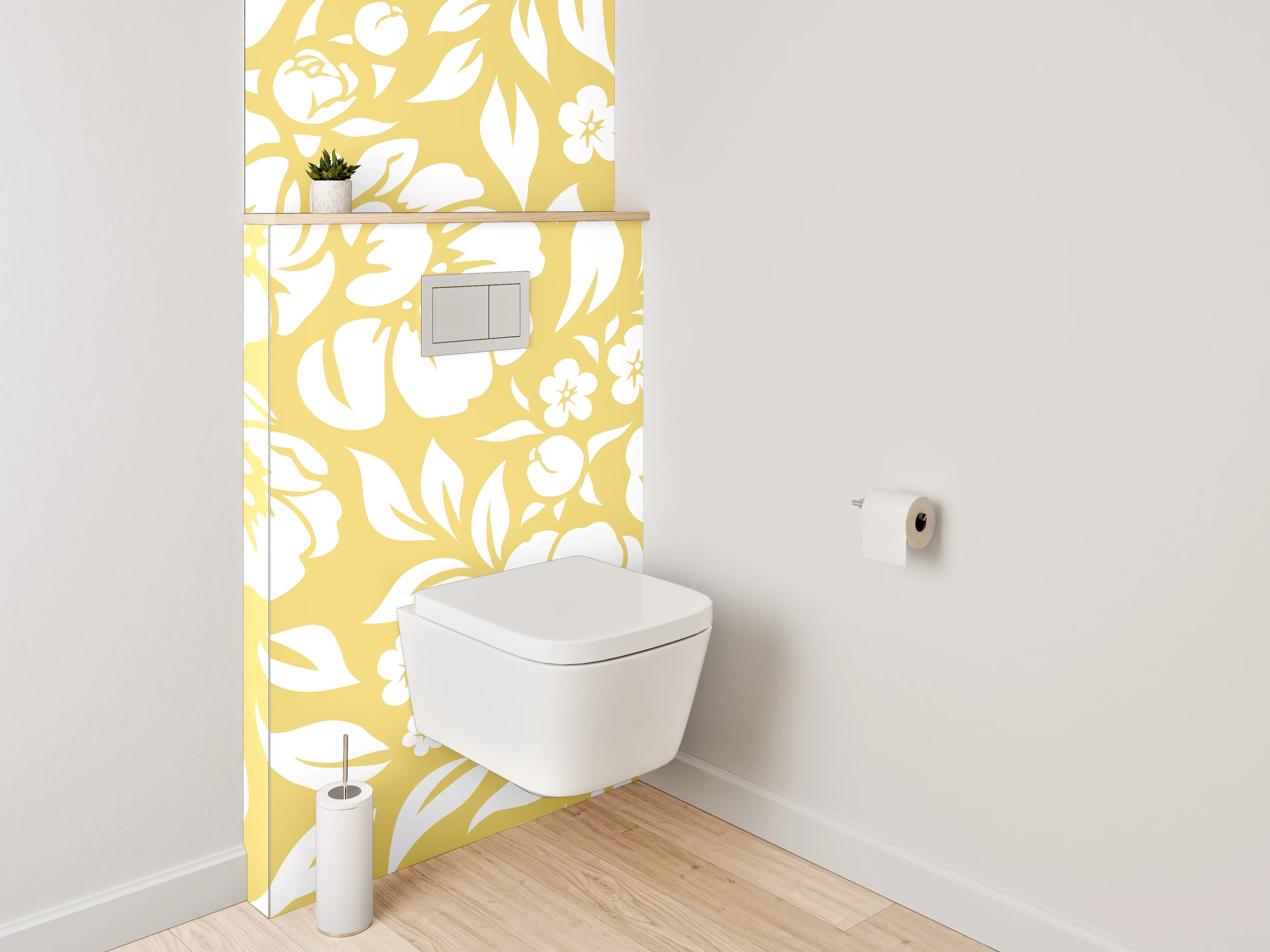 WC-Rückwand - Gelb-Graue Blütenpracht auf Weiß