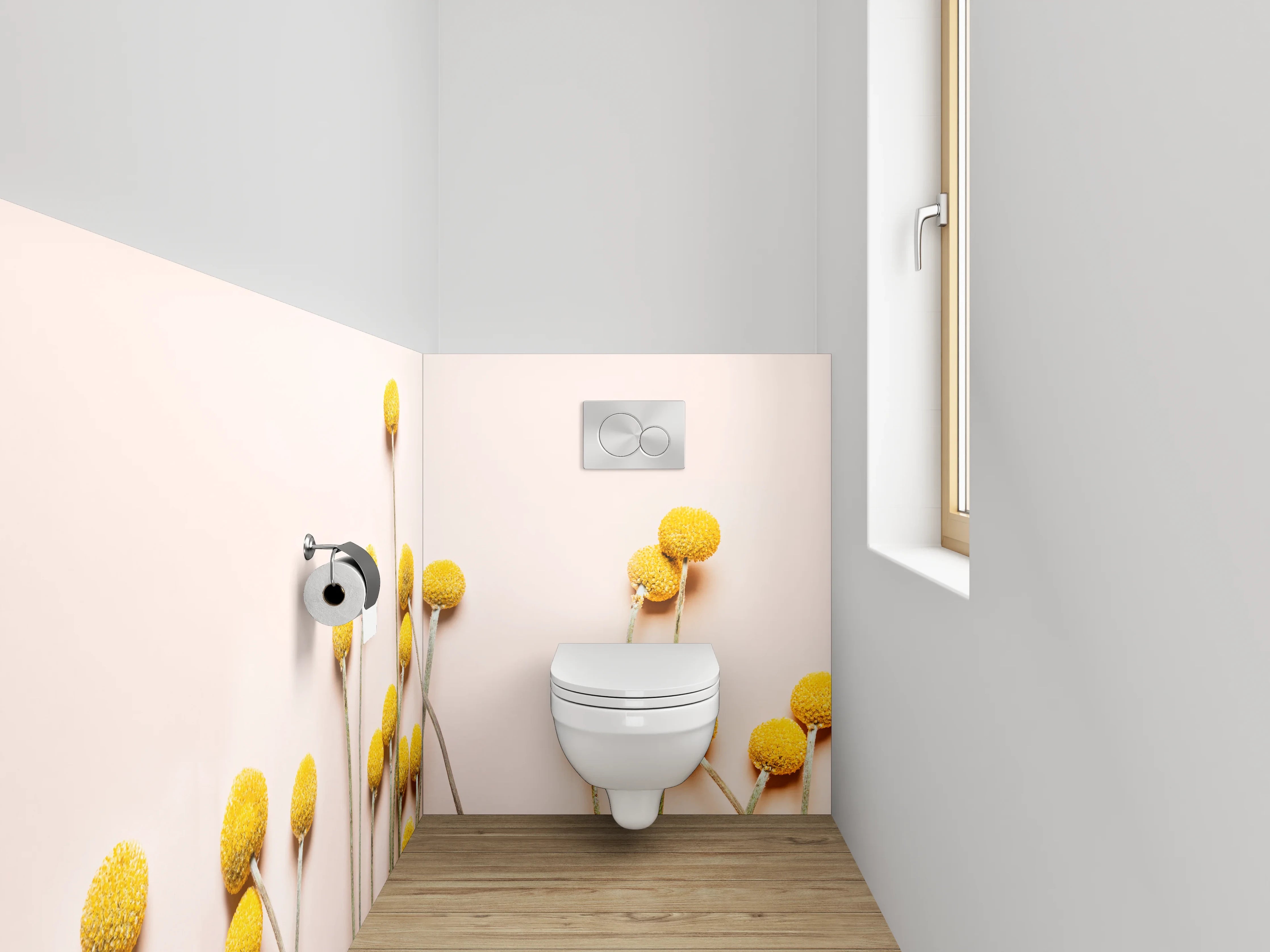 WC-Rückwand - Gelbe Kugelblumen auf zartem Hintergrund