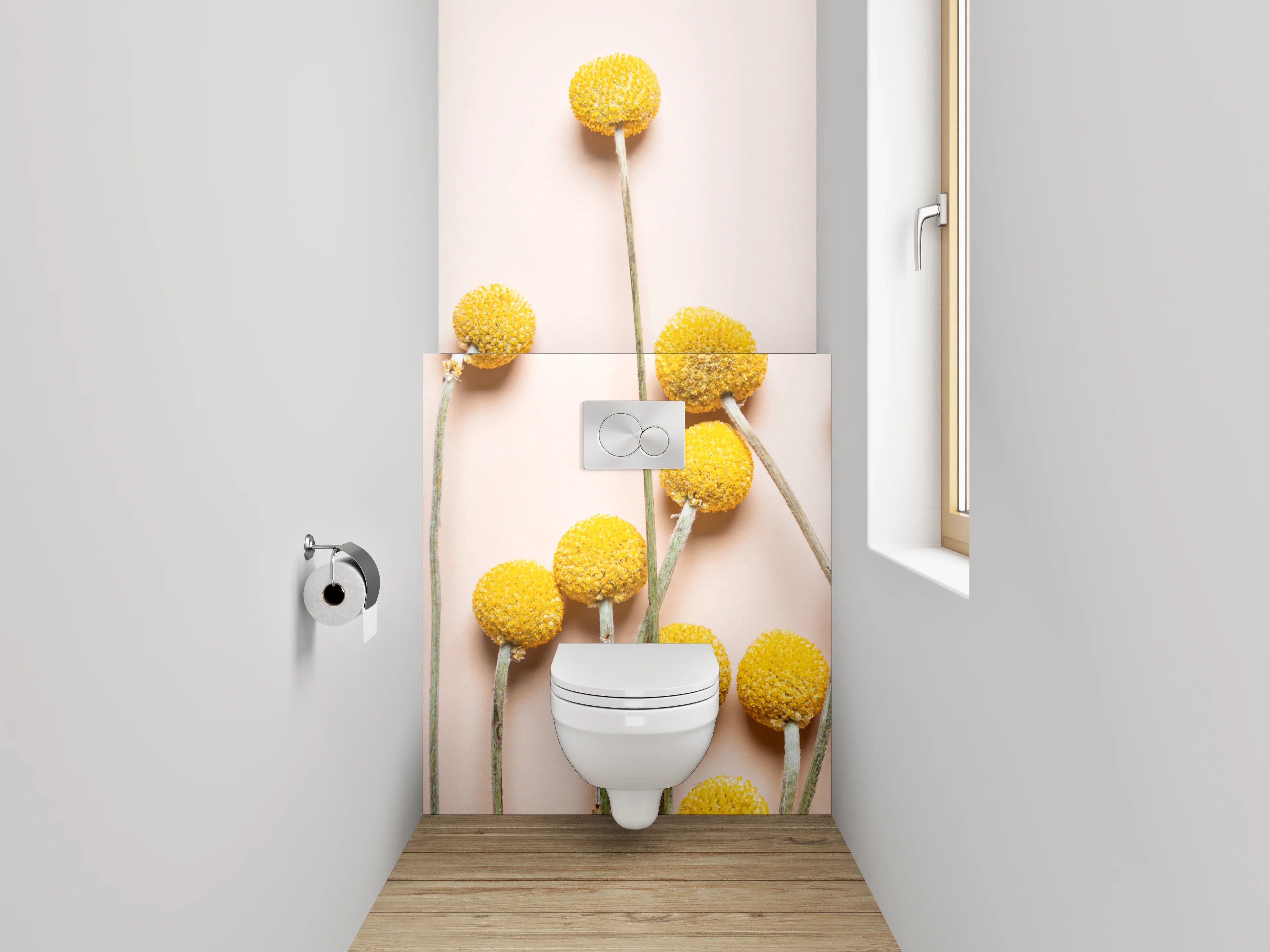 WC-Rückwand - Gelbe Kugelblumen auf zartem Hintergrund