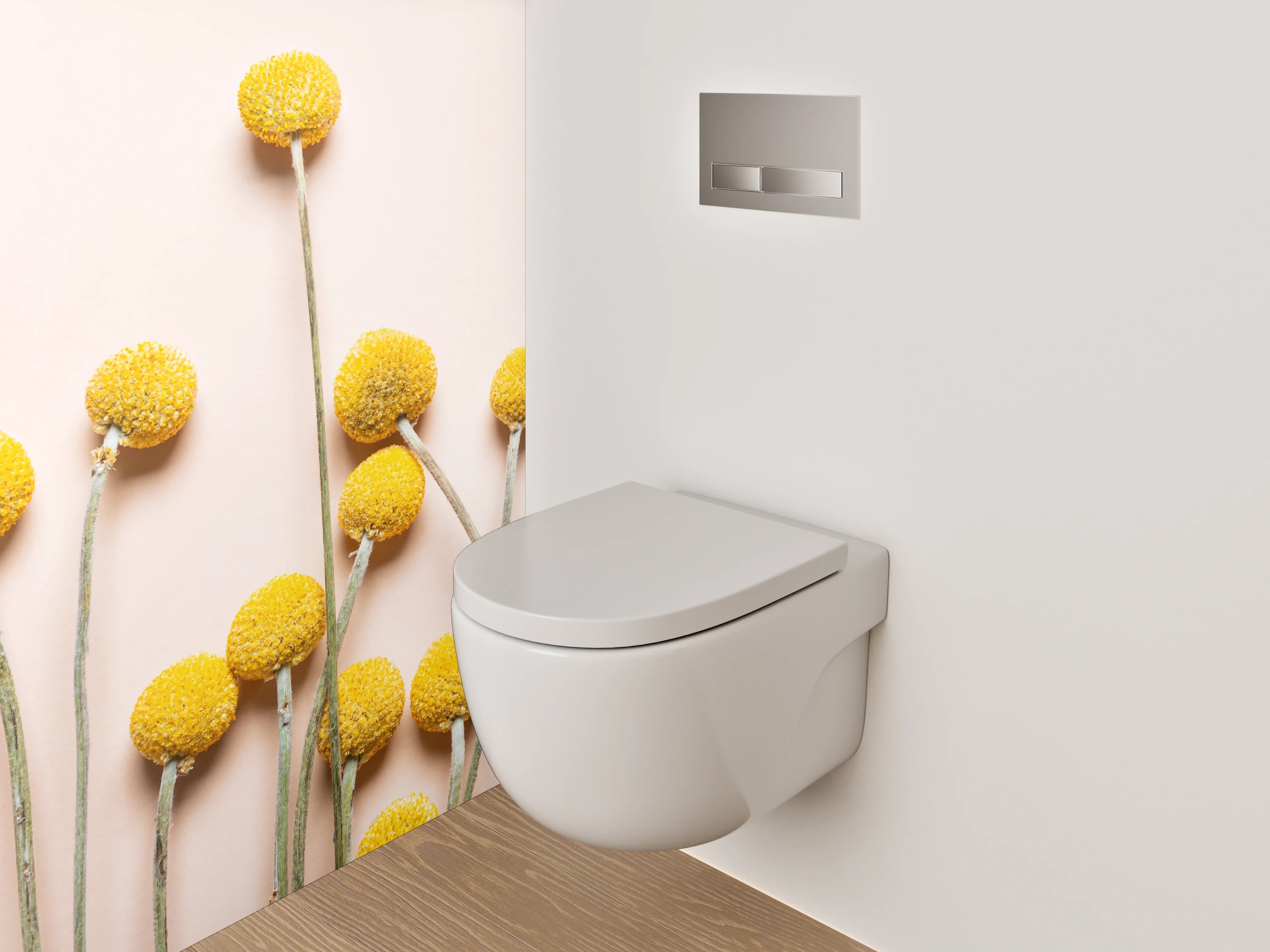 WC-Rückwand - Gelbe Kugelblumen auf zartem Hintergrund