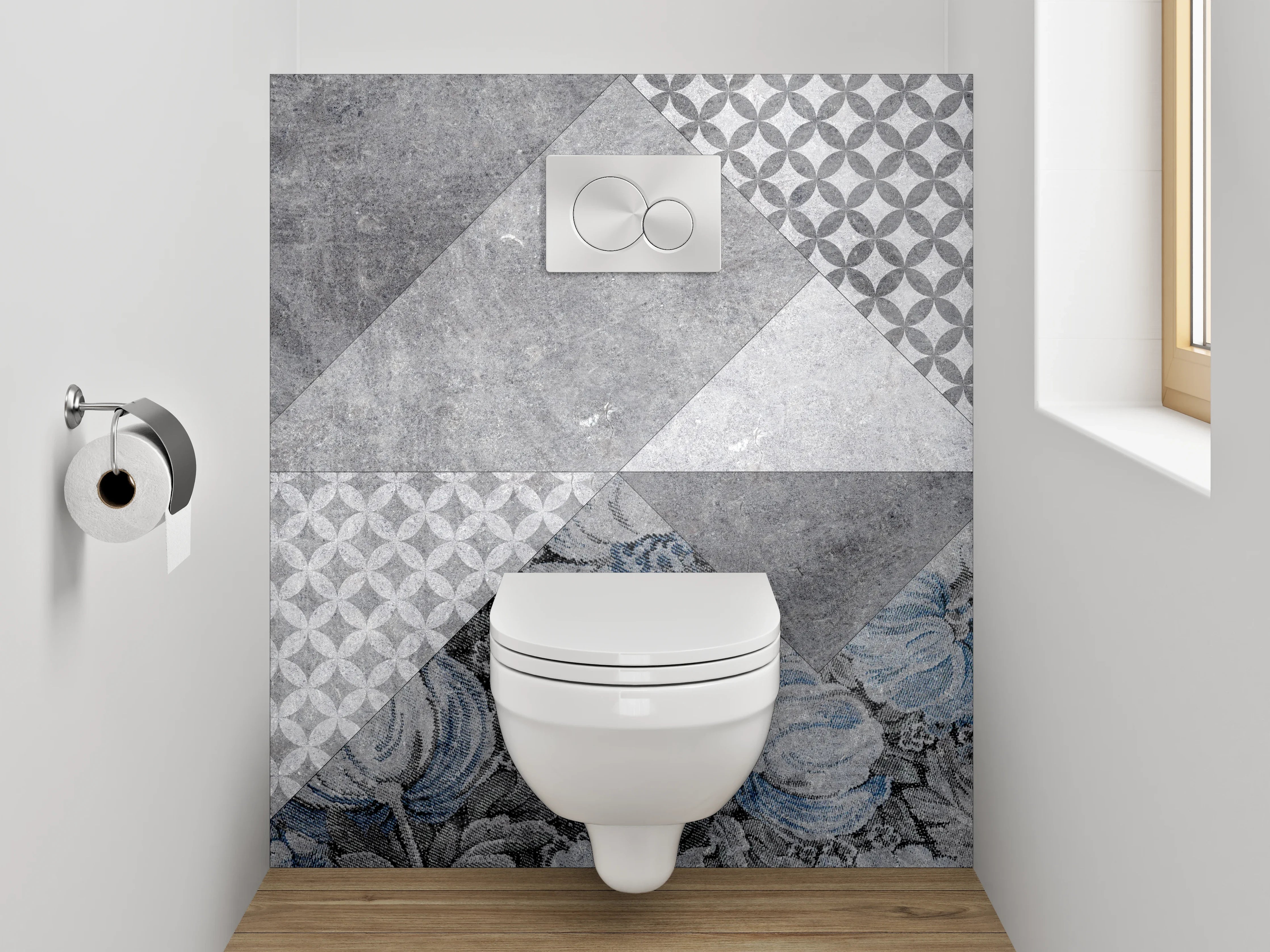WC-Rückwand - Geometrisch Floral Grau-Blau Fliesenmuster