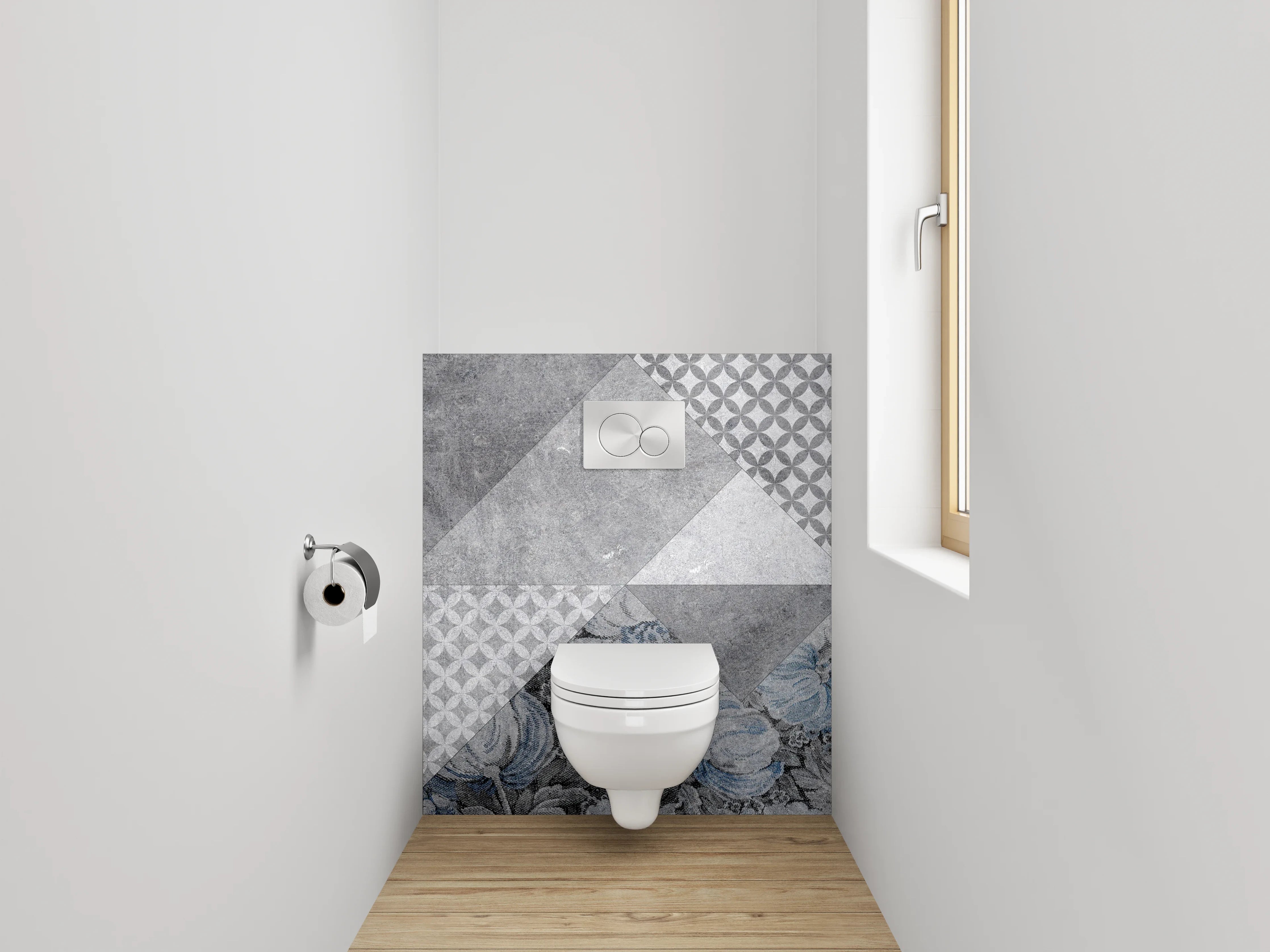 WC-Rückwand - Geometrisch Floral Grau-Blau Fliesenmuster