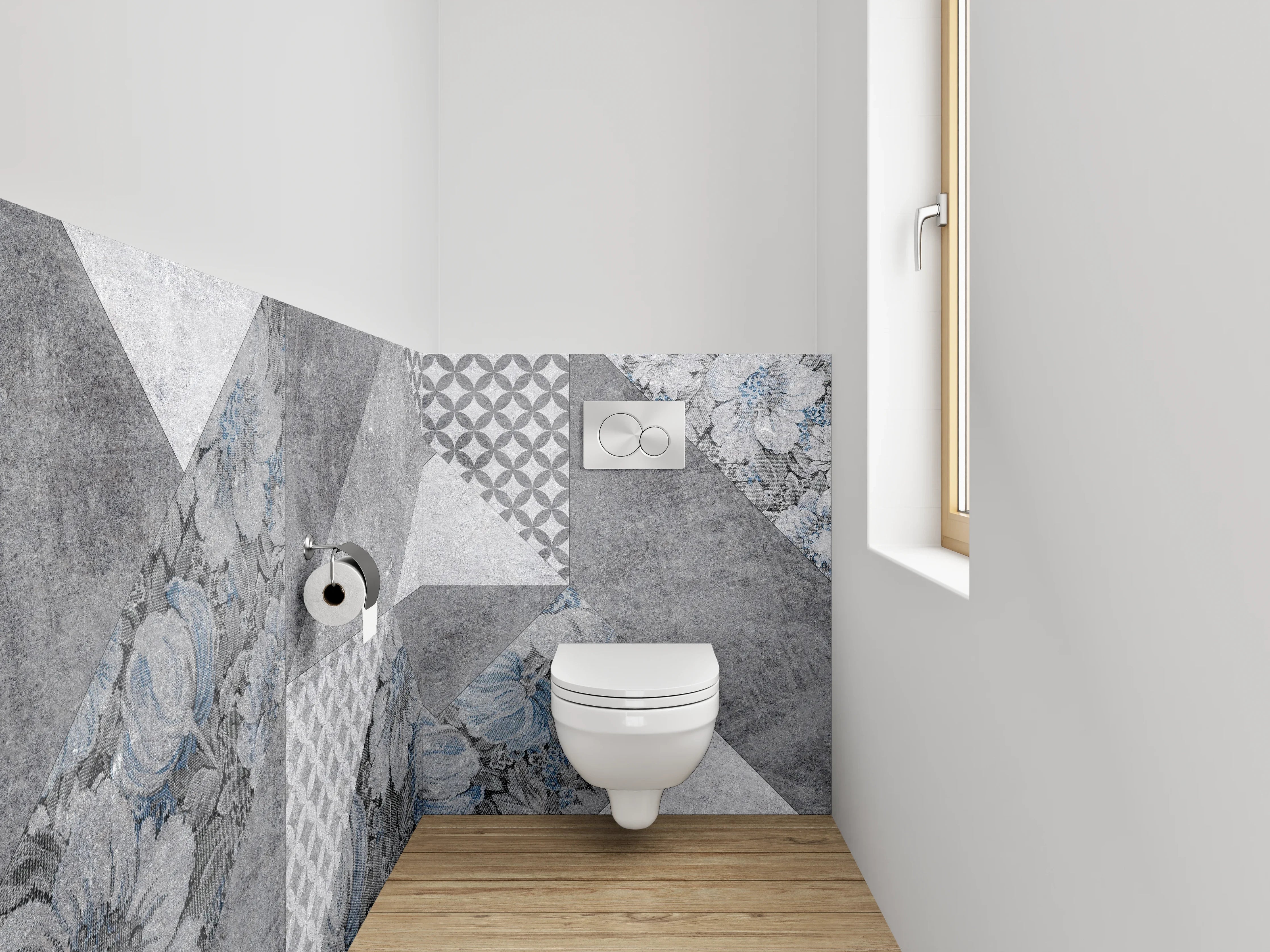 WC-Rückwand - Geometrisch Floral Grau-Blau Fliesenmuster