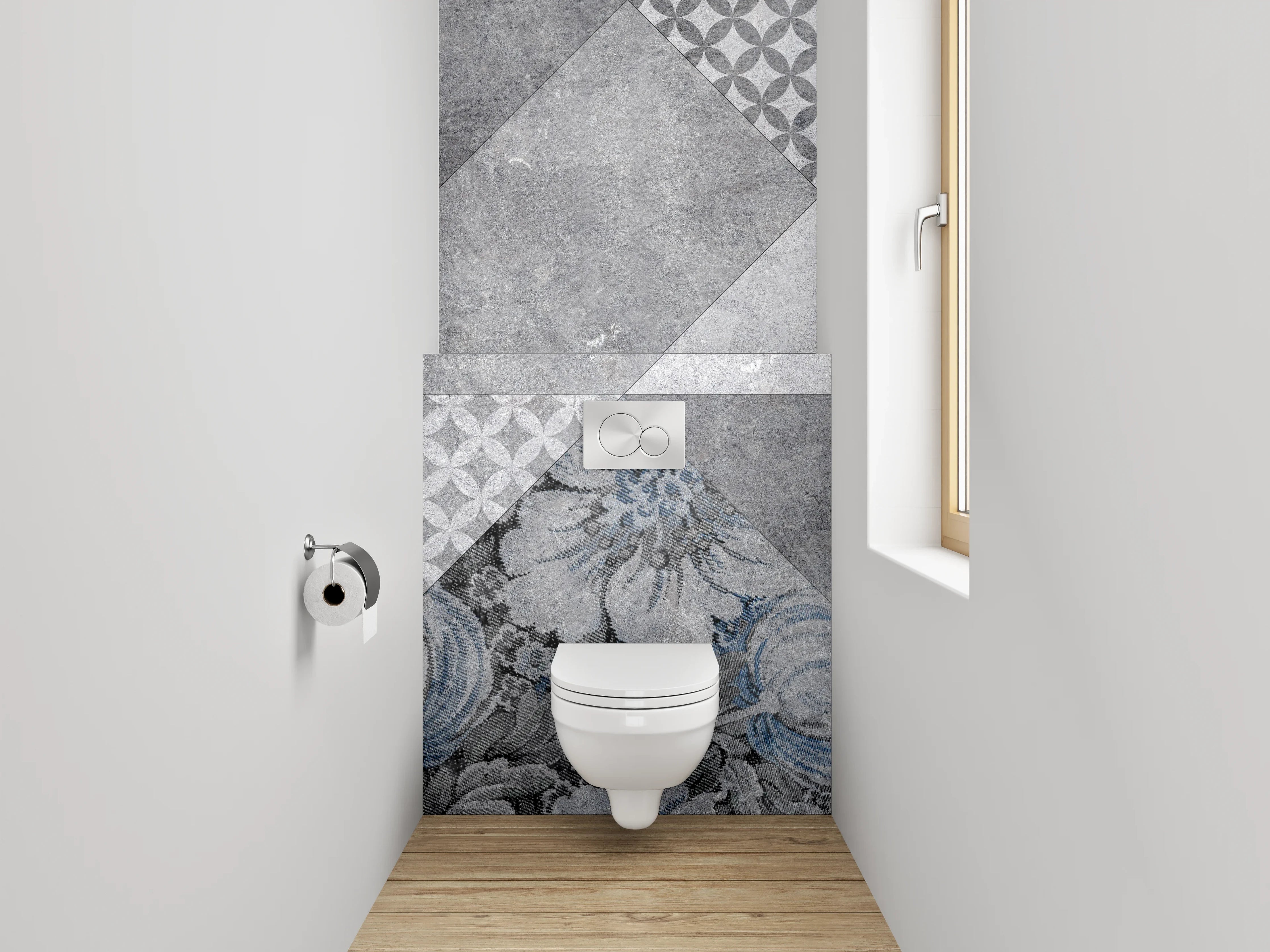 WC-Rückwand - Geometrisch Floral Grau-Blau Fliesenmuster