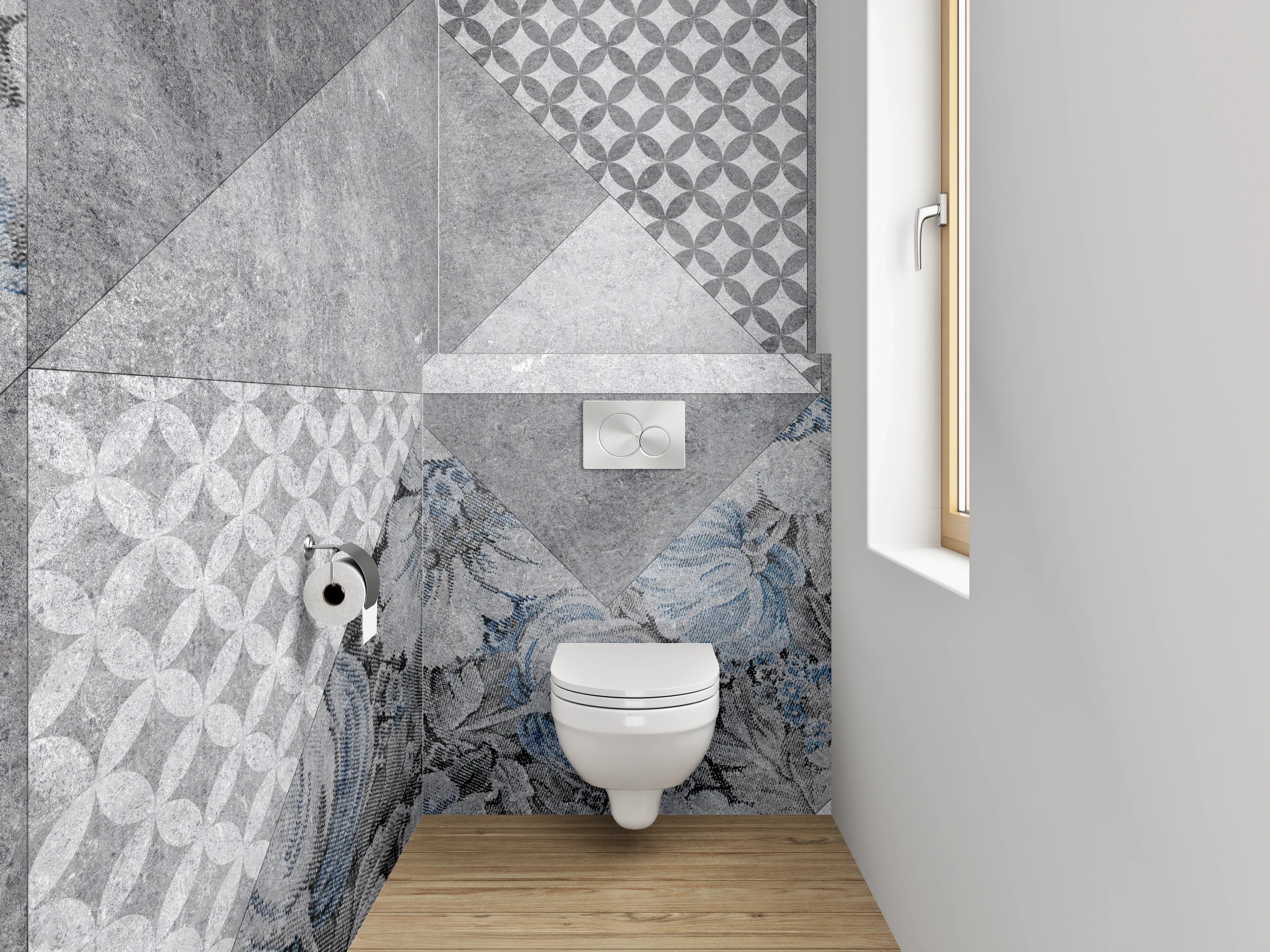 WC-Rückwand - Geometrisch Floral Grau-Blau Fliesenmuster