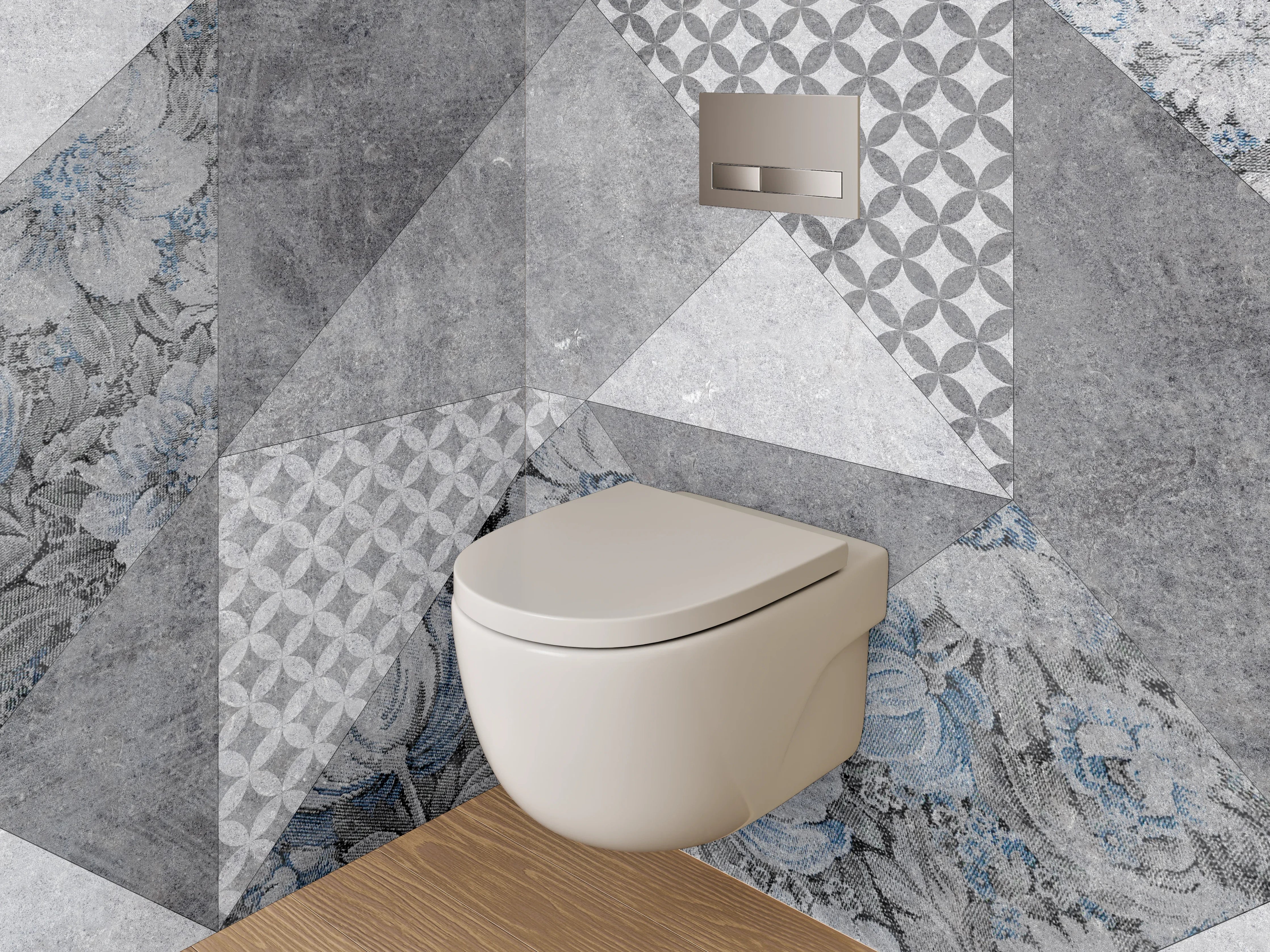 WC-Rückwand - Geometrisch Floral Grau-Blau Fliesenmuster