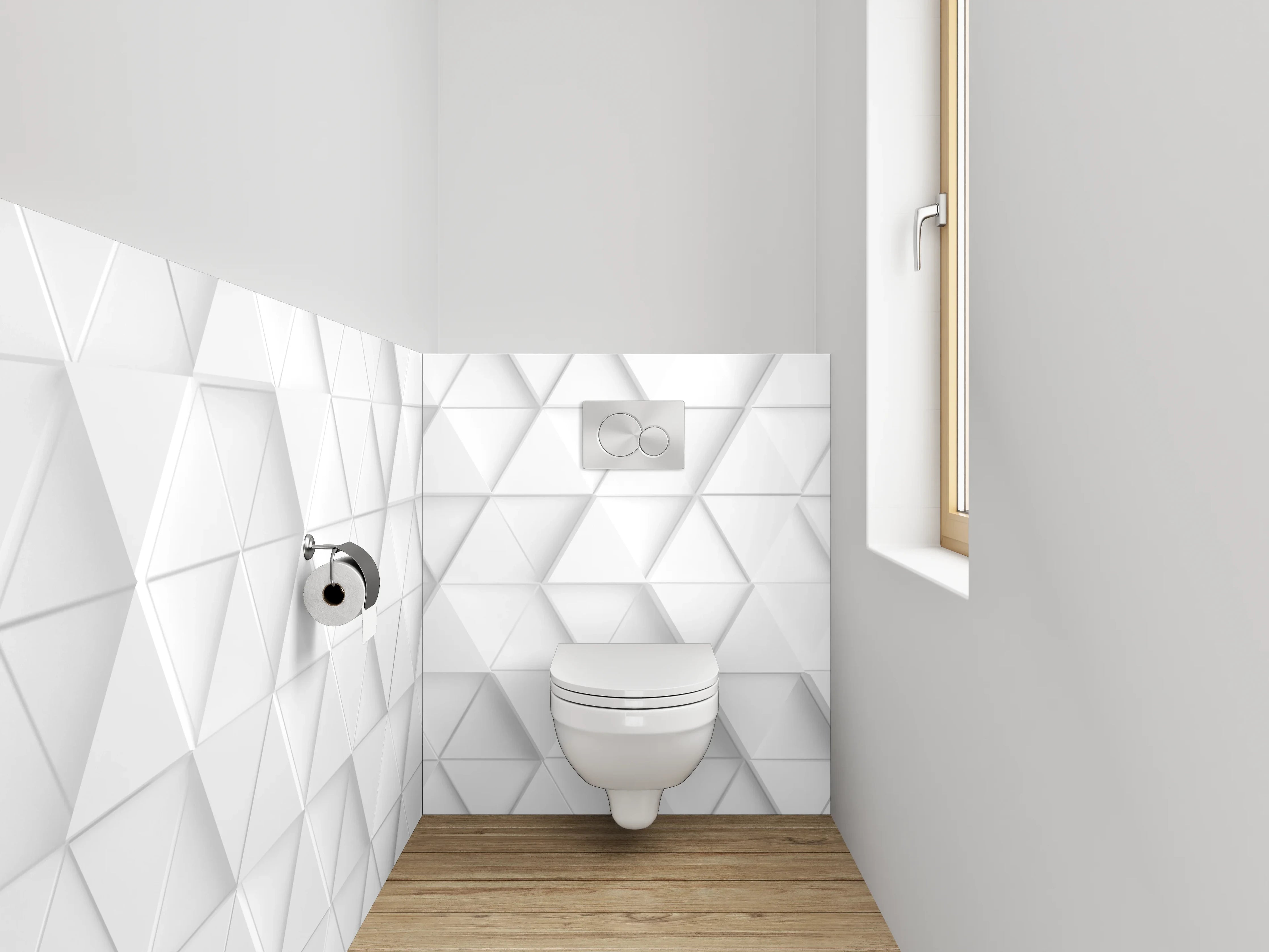 WC-Rückwand - Geometrische 3D-Muster in Weiß und Grau