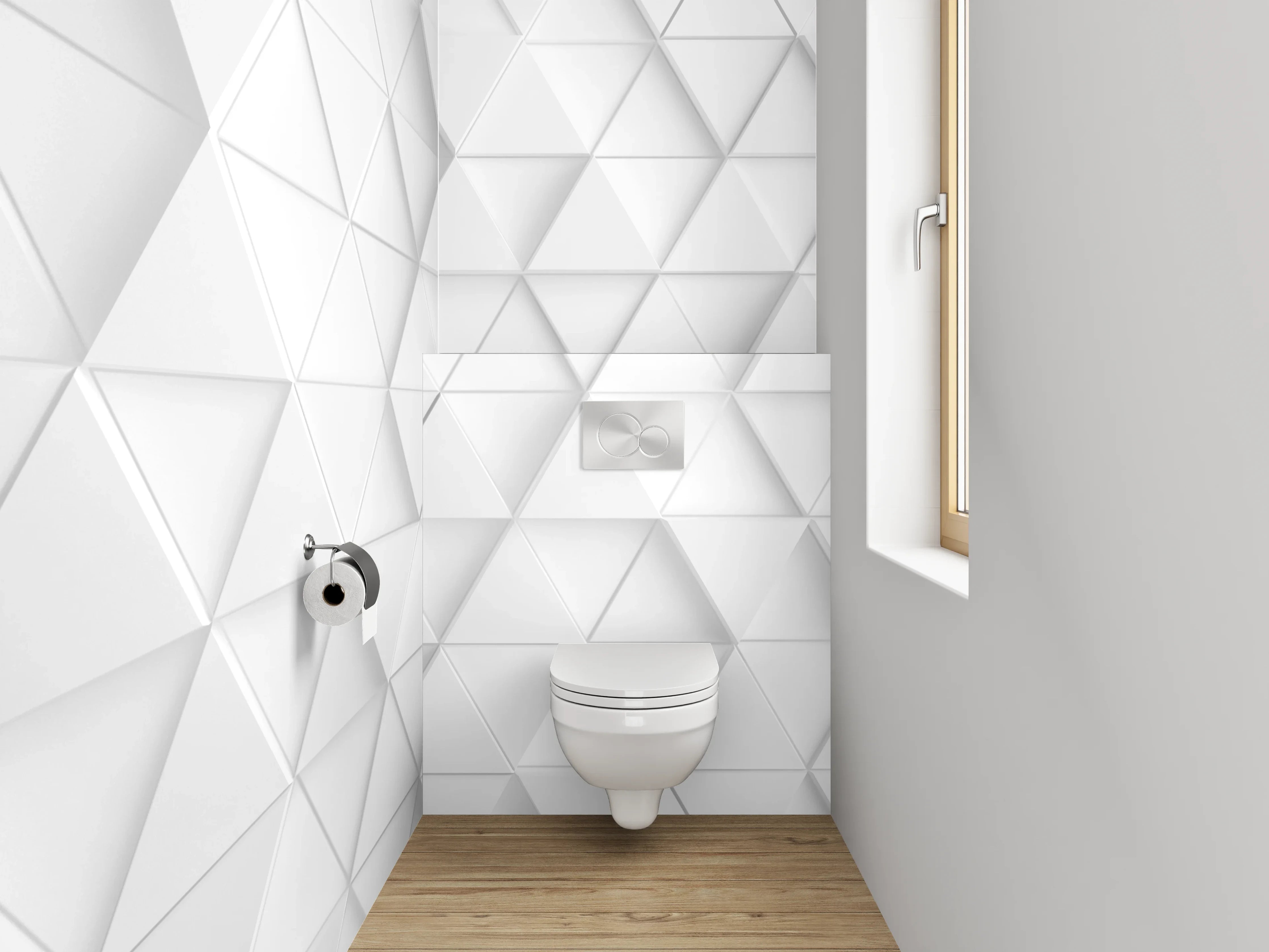 WC-Rückwand - Geometrische 3D-Muster in Weiß und Grau
