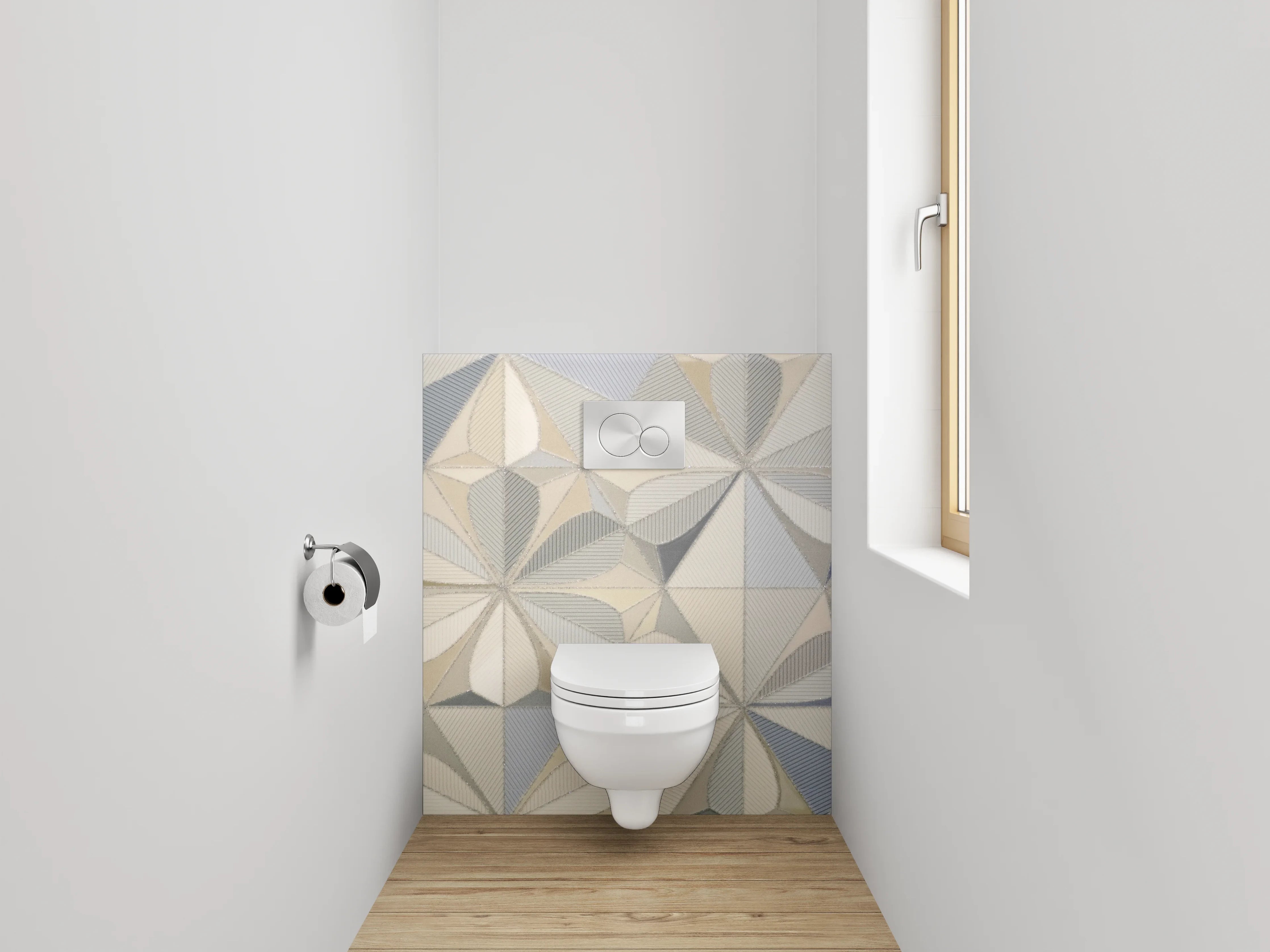 WC-Rückwand - Geometrische Fliesen in Weiß und Grau