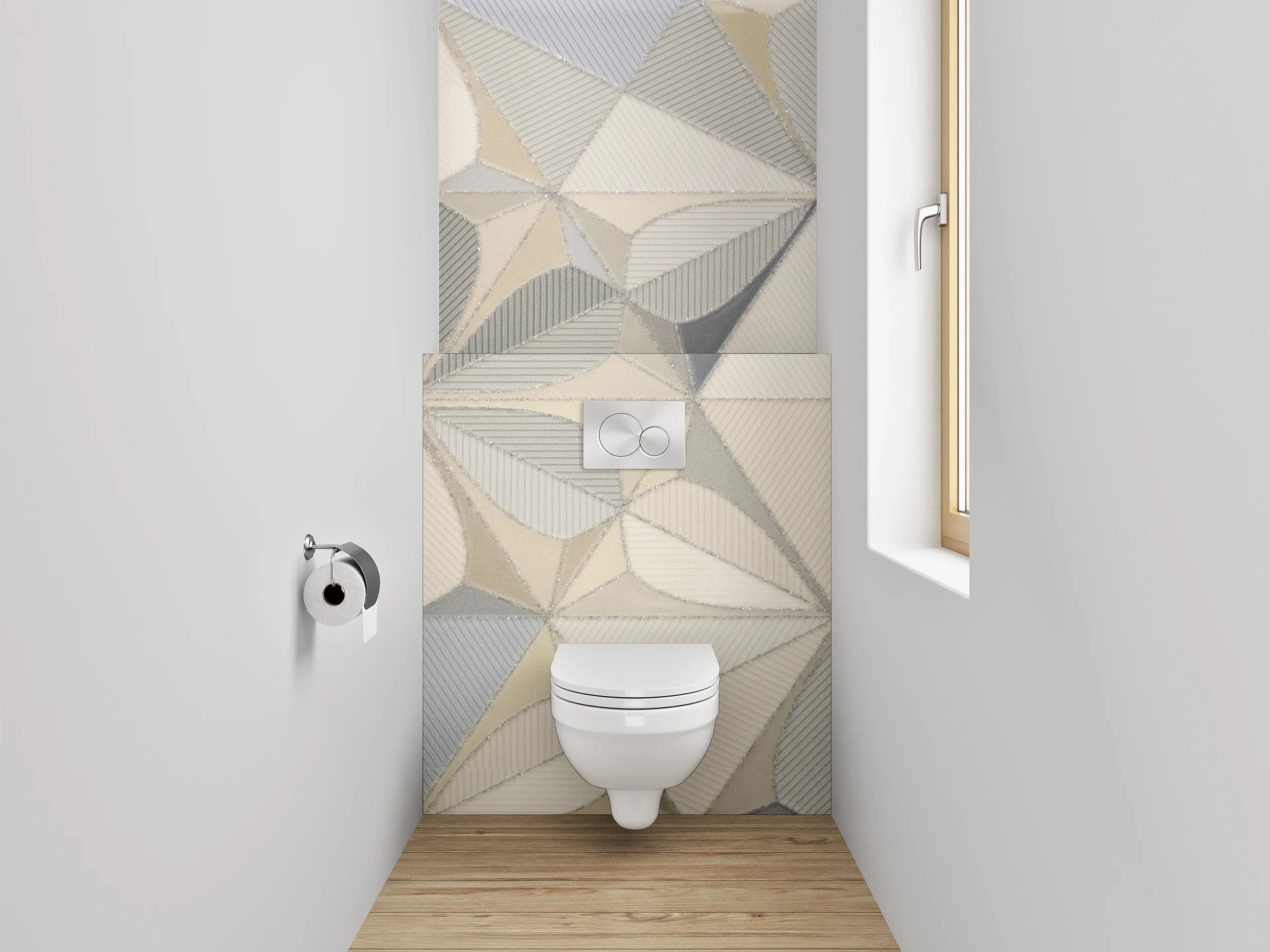 WC-Rückwand - Geometrische Fliesen in Weiß und Grau