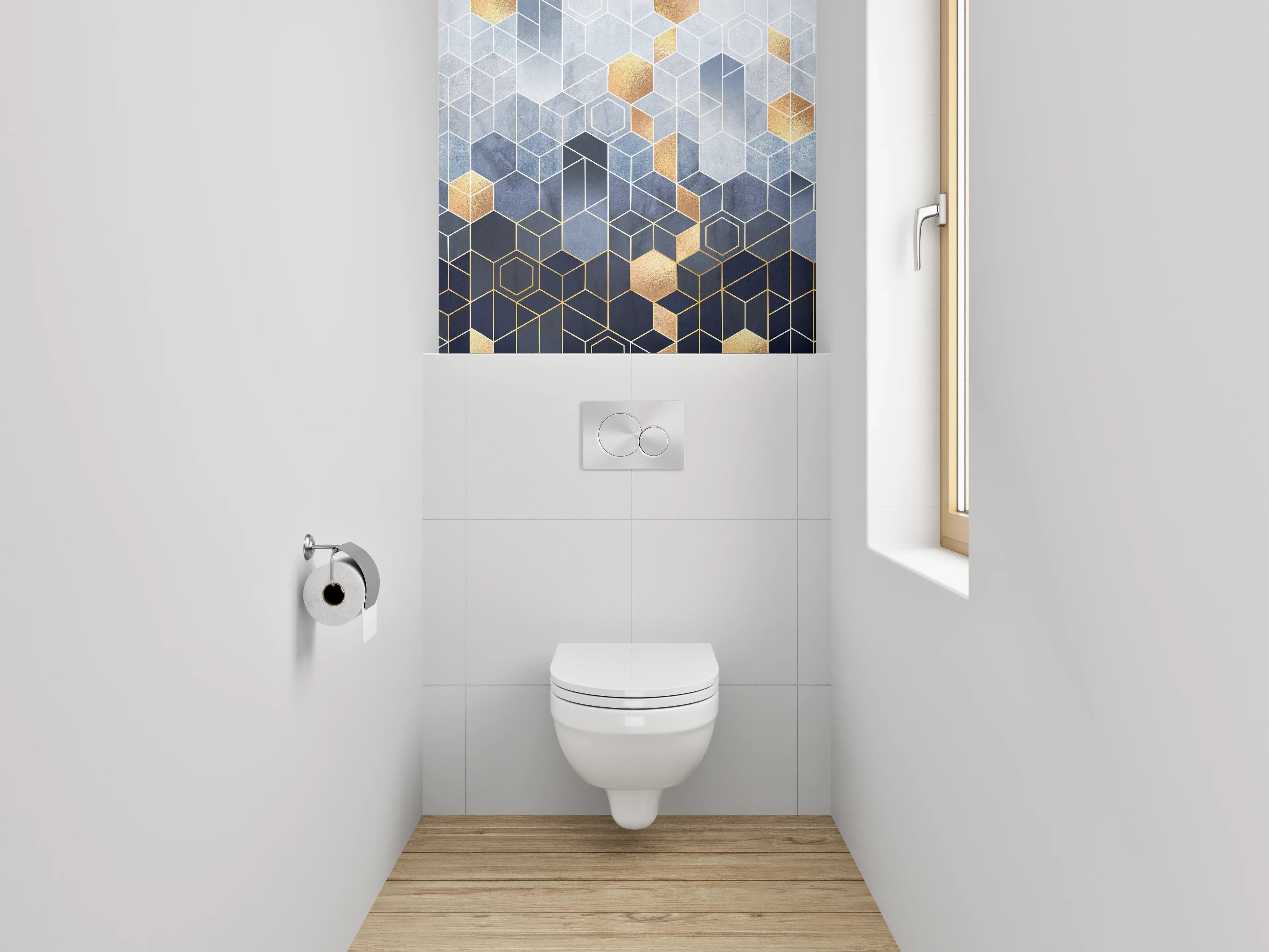 WC-Rückwand - Geometrische Hexagon-Muster Gold Blau