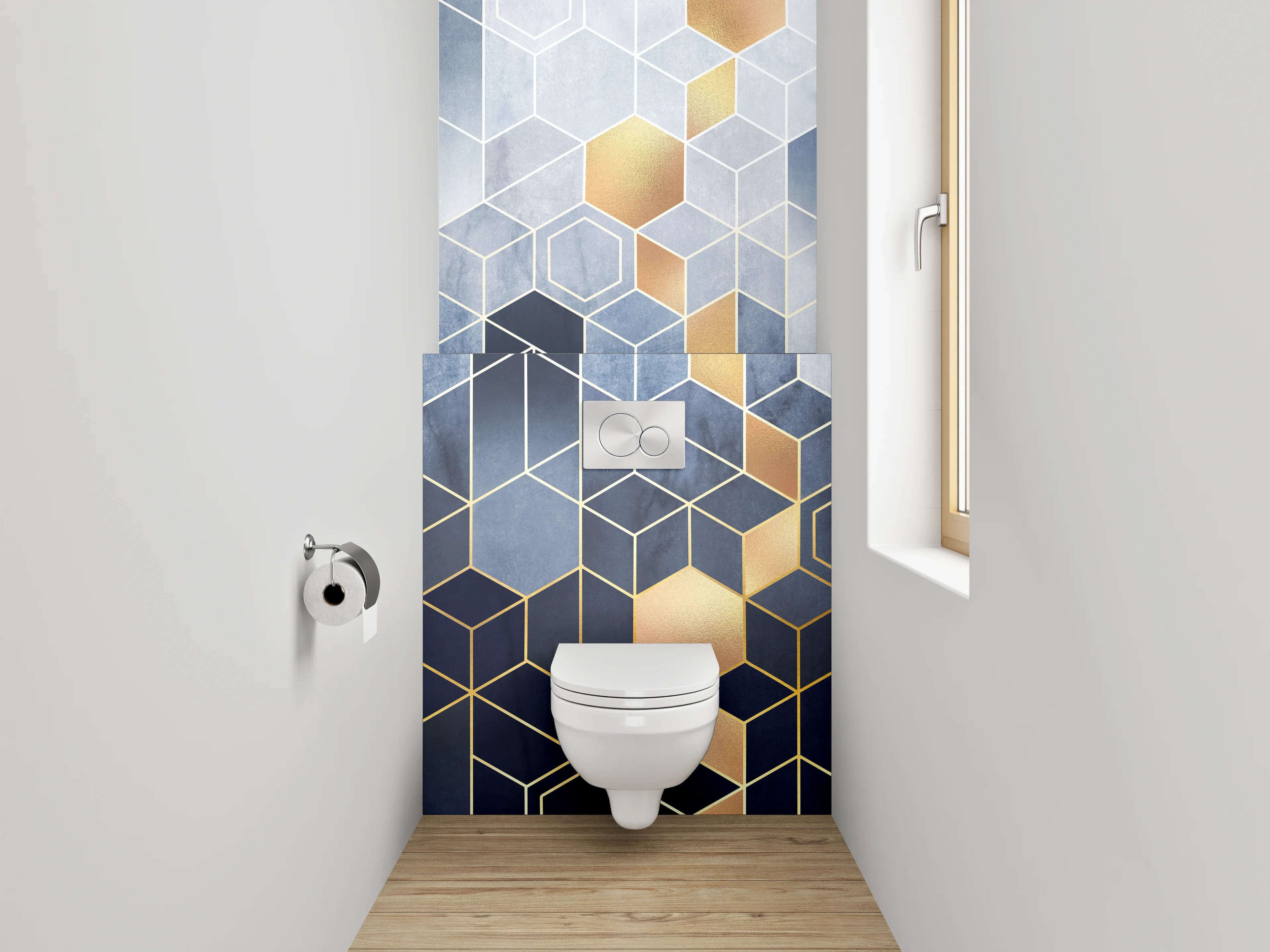WC-Rückwand - Geometrische Hexagon-Muster Gold Blau