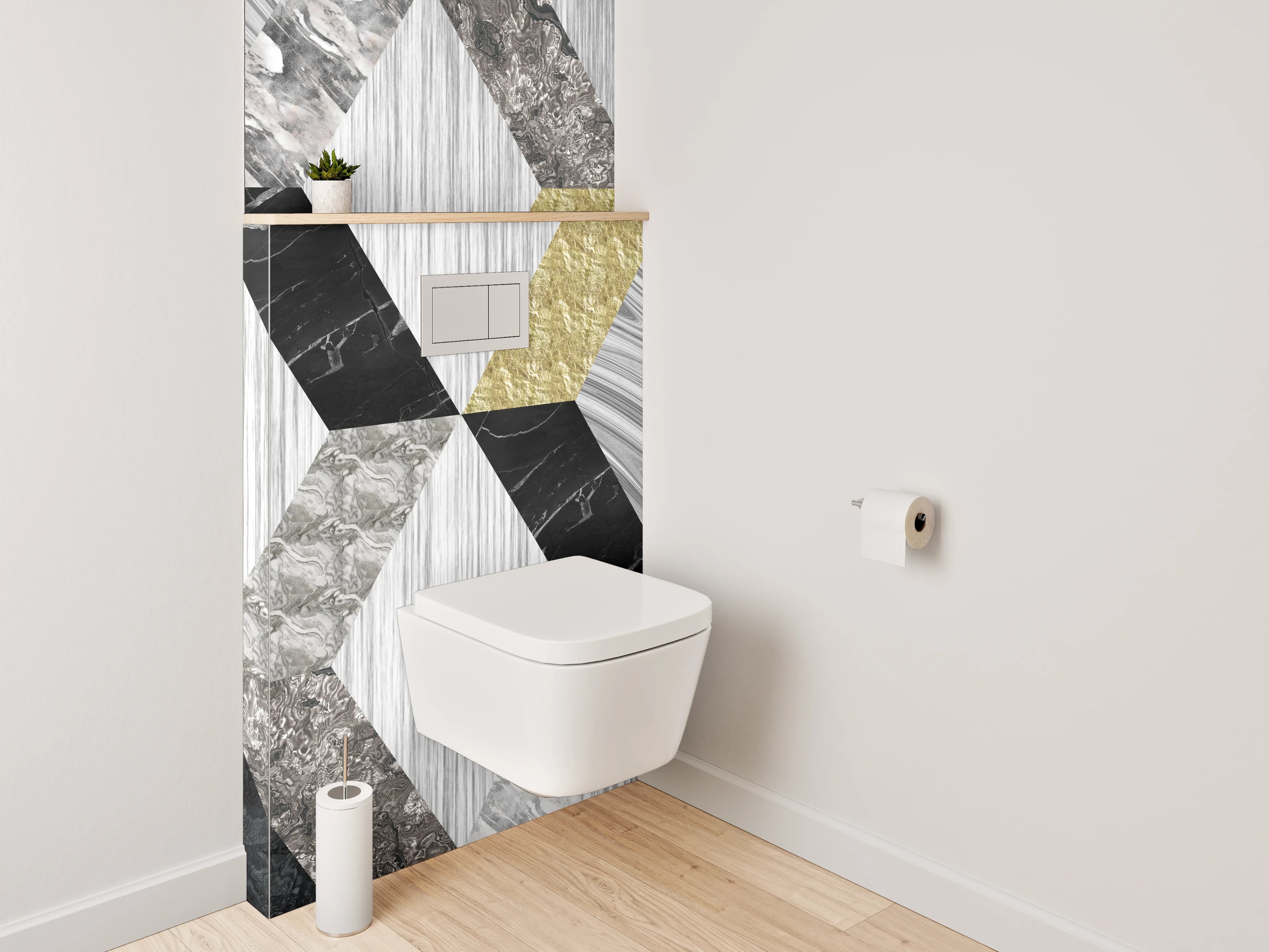 WC-Rückwand - Geometrische Marmor-Mosaikoptik in Weiß, Grau, Gold