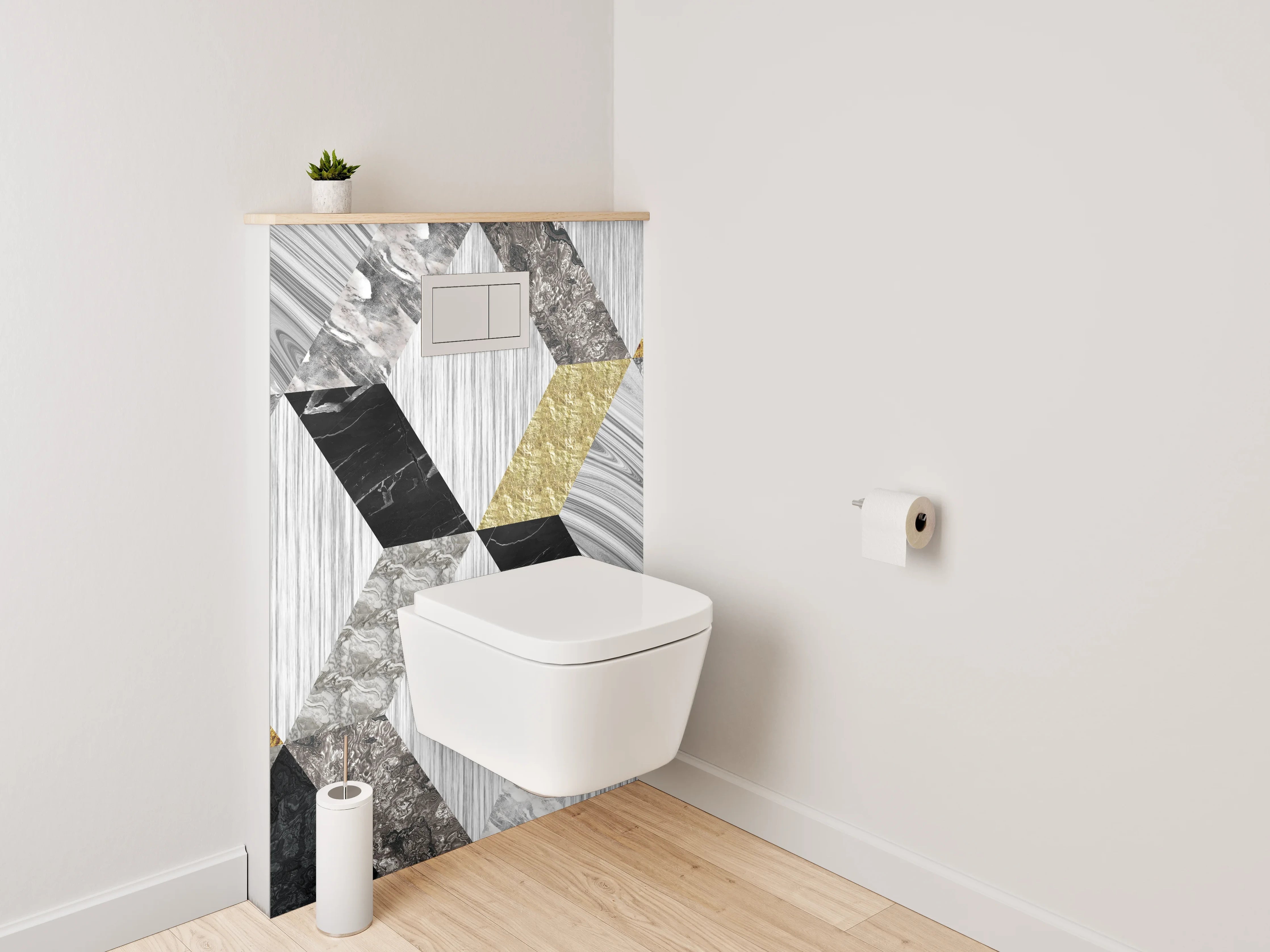 WC-Rückwand - Geometrische Marmor-Mosaikoptik in Weiß, Grau, Gold