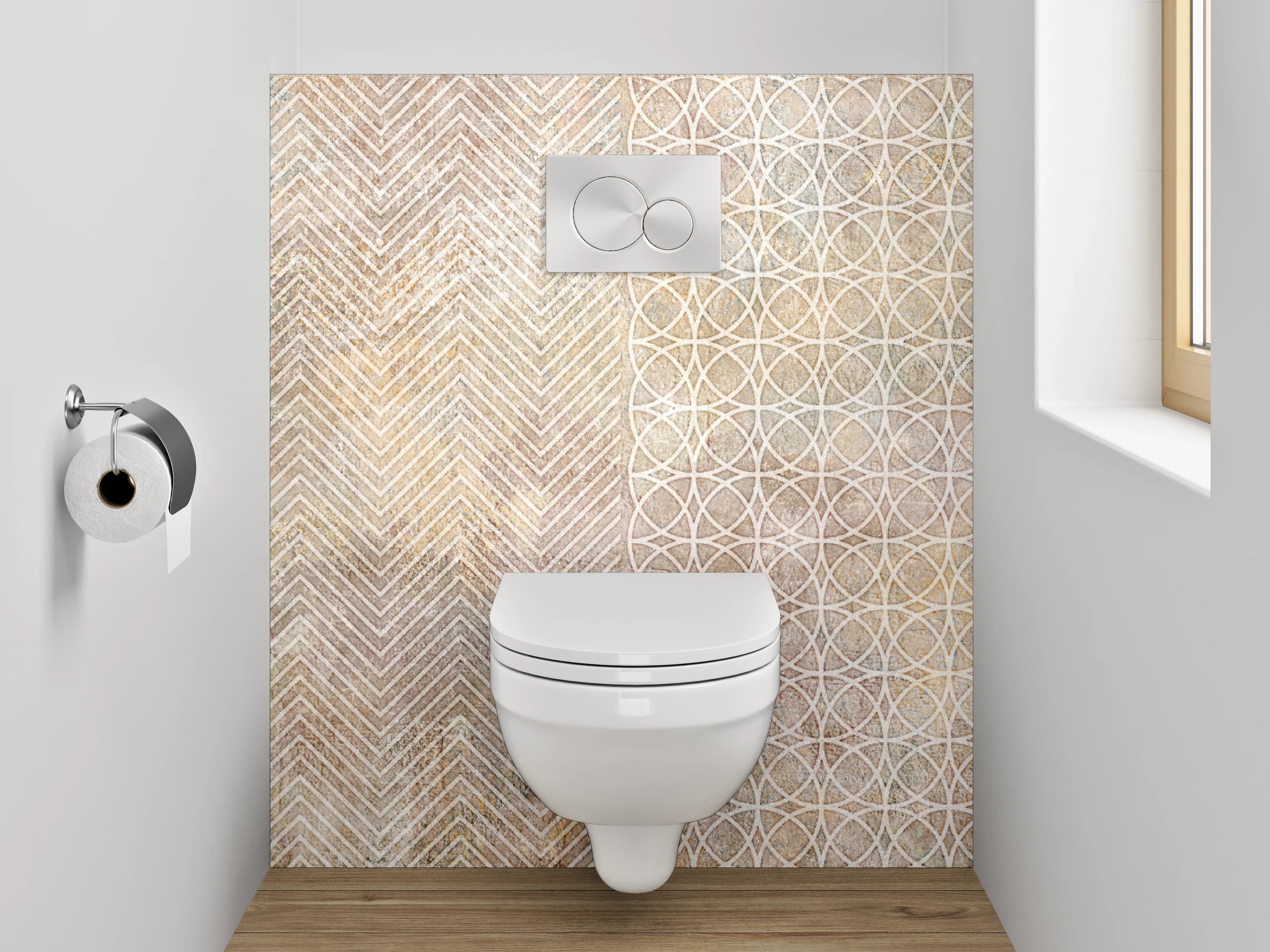 WC-Rückwand - Geometrische Vintage-Muster Fliesenoptik Beige