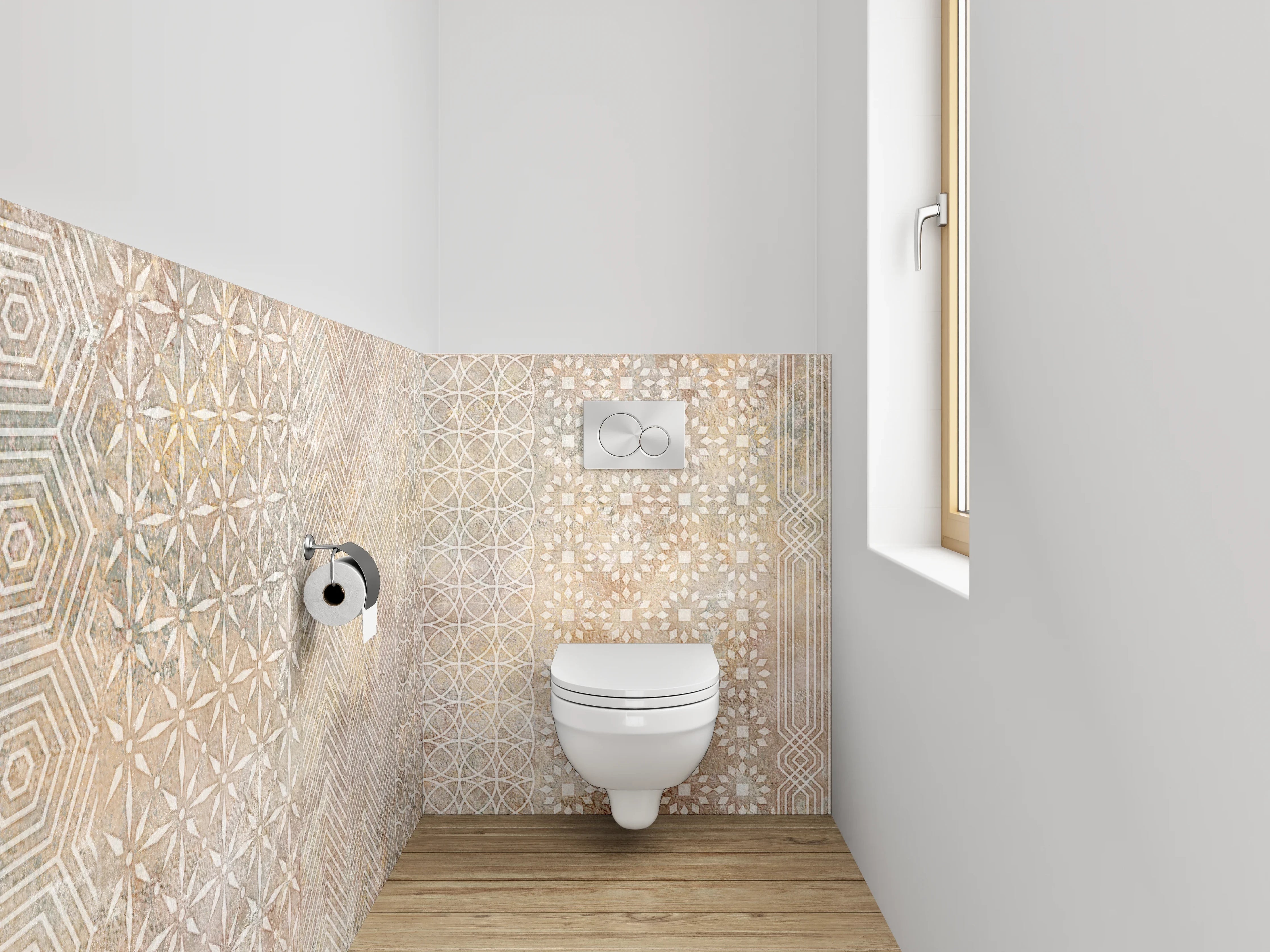 WC-Rückwand - Geometrische Vintage-Muster Fliesenoptik Beige