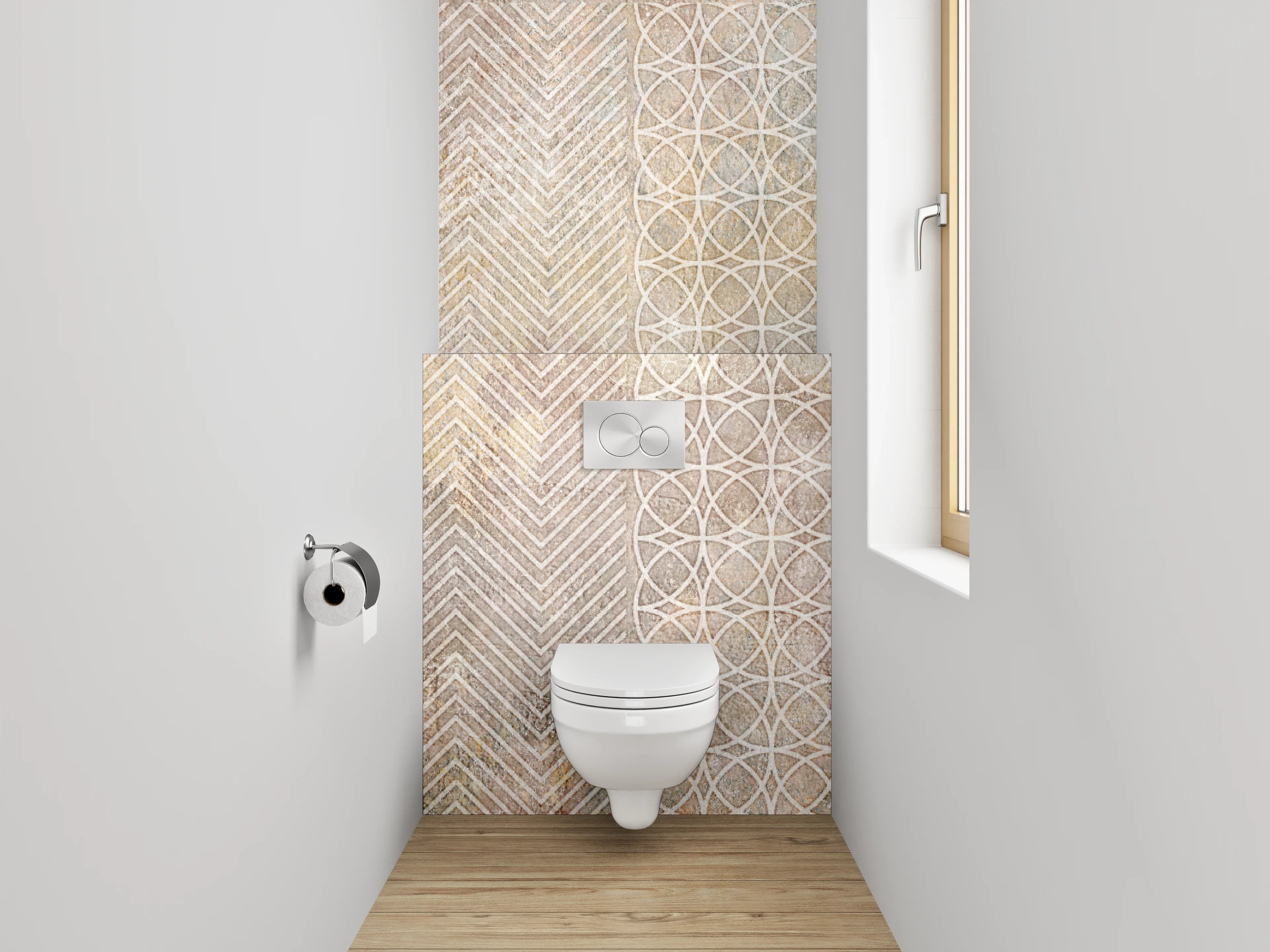 WC-Rückwand - Geometrische Vintage-Muster Fliesenoptik Beige